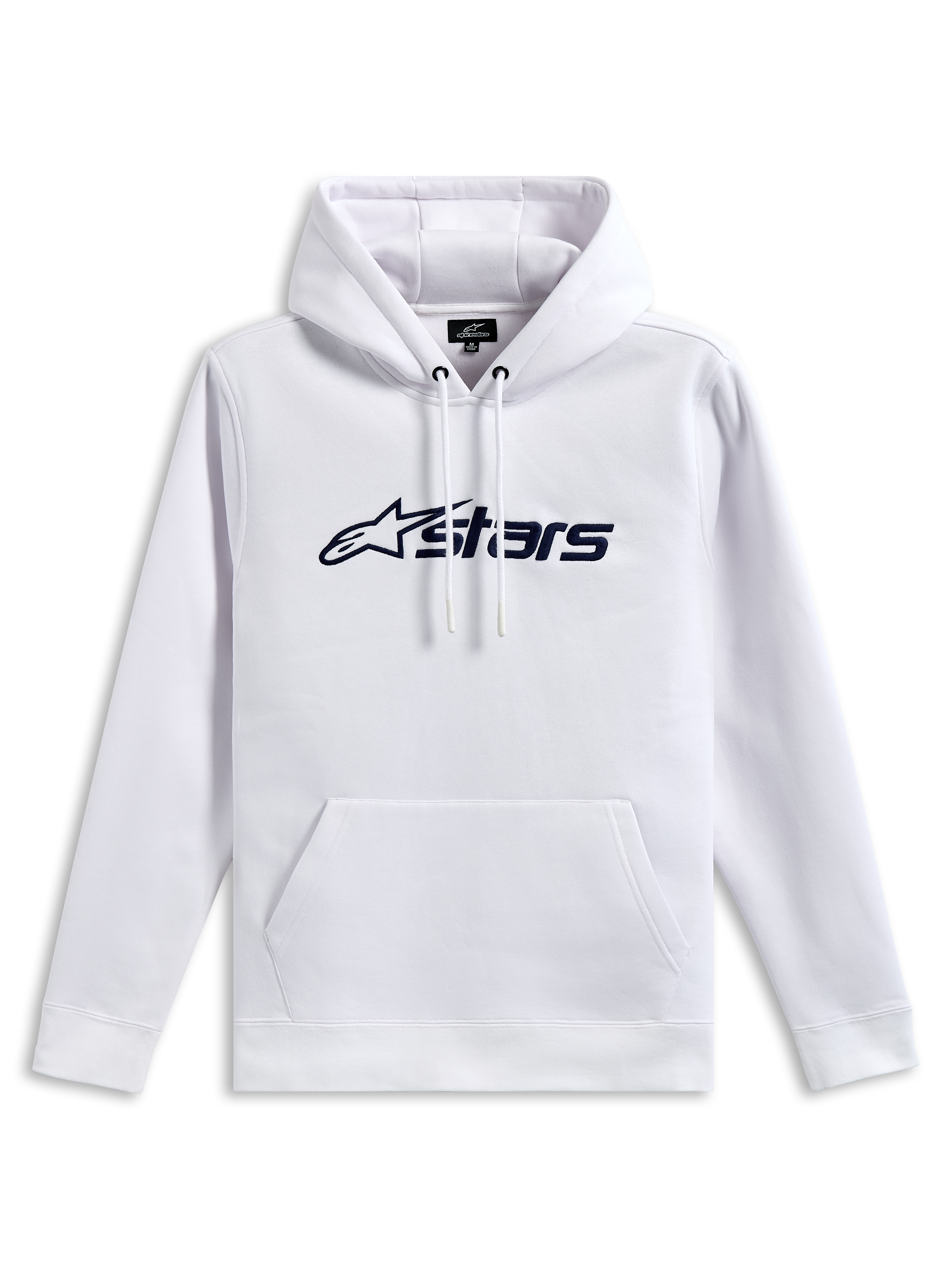 Alpinestars Blaze V3 hættetrøje, pullover fleece-sweatshirt, hvid med mørkeblåt logoprint på fronten, jersey-foret hætte med snøre og kængurulomme, afslappet motorsport-inspireret streetwear