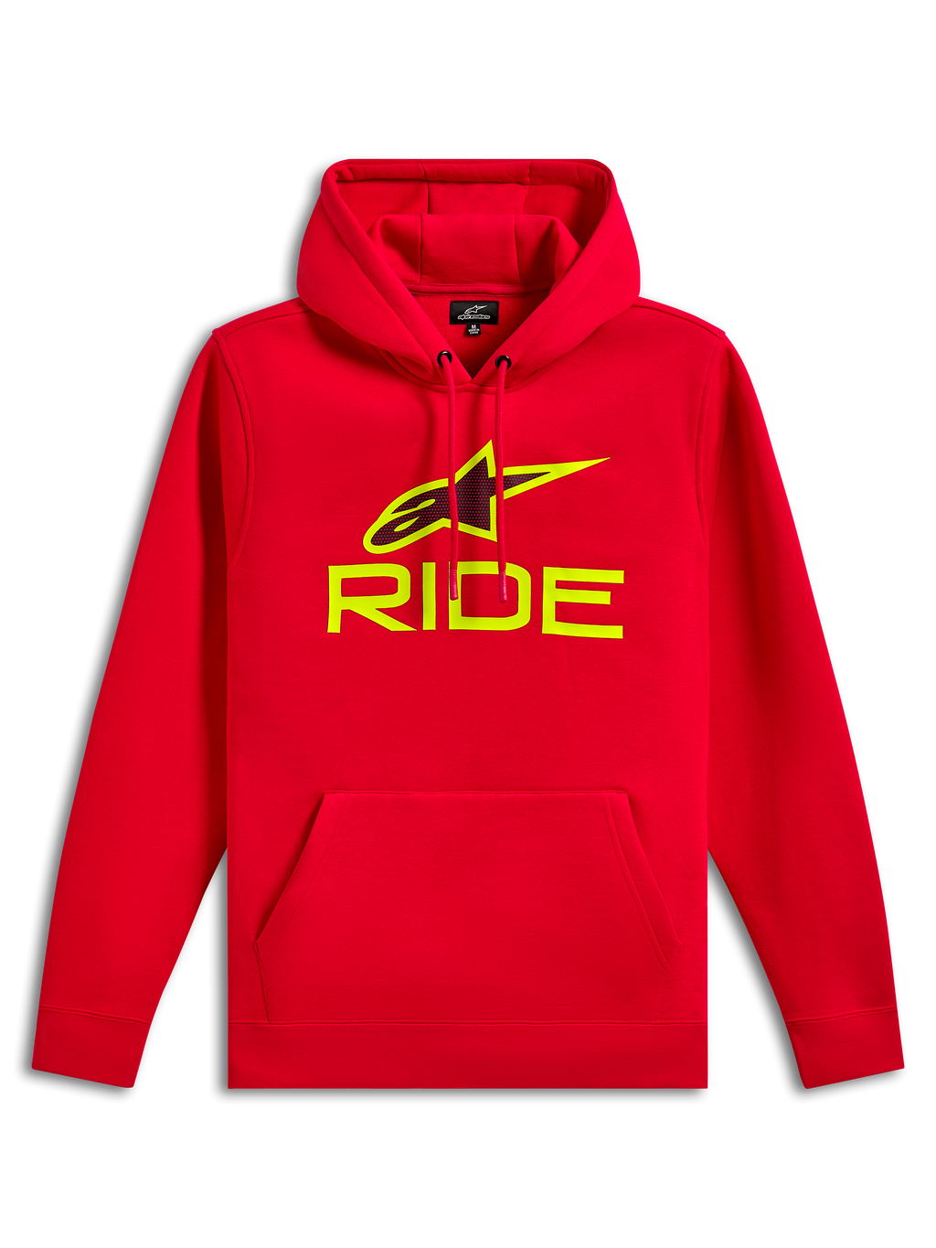 Alpinestars Ride V3 hættetrøje, rød pullover i fleece, Hi-Vis gult RIDE-logo og Astars-symbol med sort perforeret print, hætte med snoretræk, kængurulomme foran, afslappet motorsport-streetwear