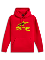 Alpinestars Ride V3 hættetrøje, rød pullover i fleece, Hi-Vis gult RIDE-logo og Astars-symbol med sort perforeret print, hætte med snoretræk, kængurulomme foran, afslappet motorsport-streetwear