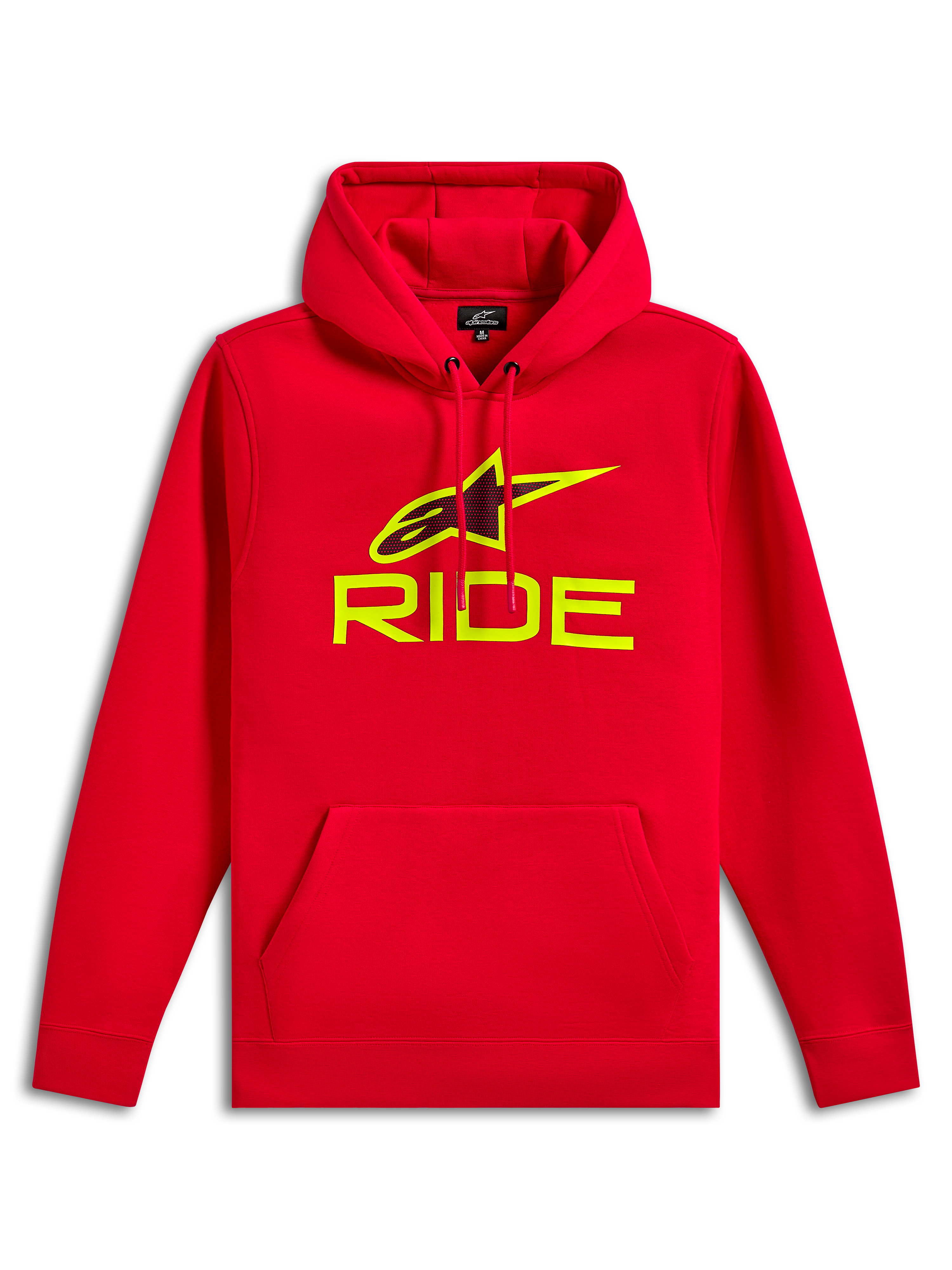Alpinestars Ride V3 hættetrøje, rød pullover i fleece, Hi-Vis gult RIDE-logo og Astars-symbol med sort perforeret print, hætte med snoretræk, kængurulomme foran, afslappet motorsport-streetwear