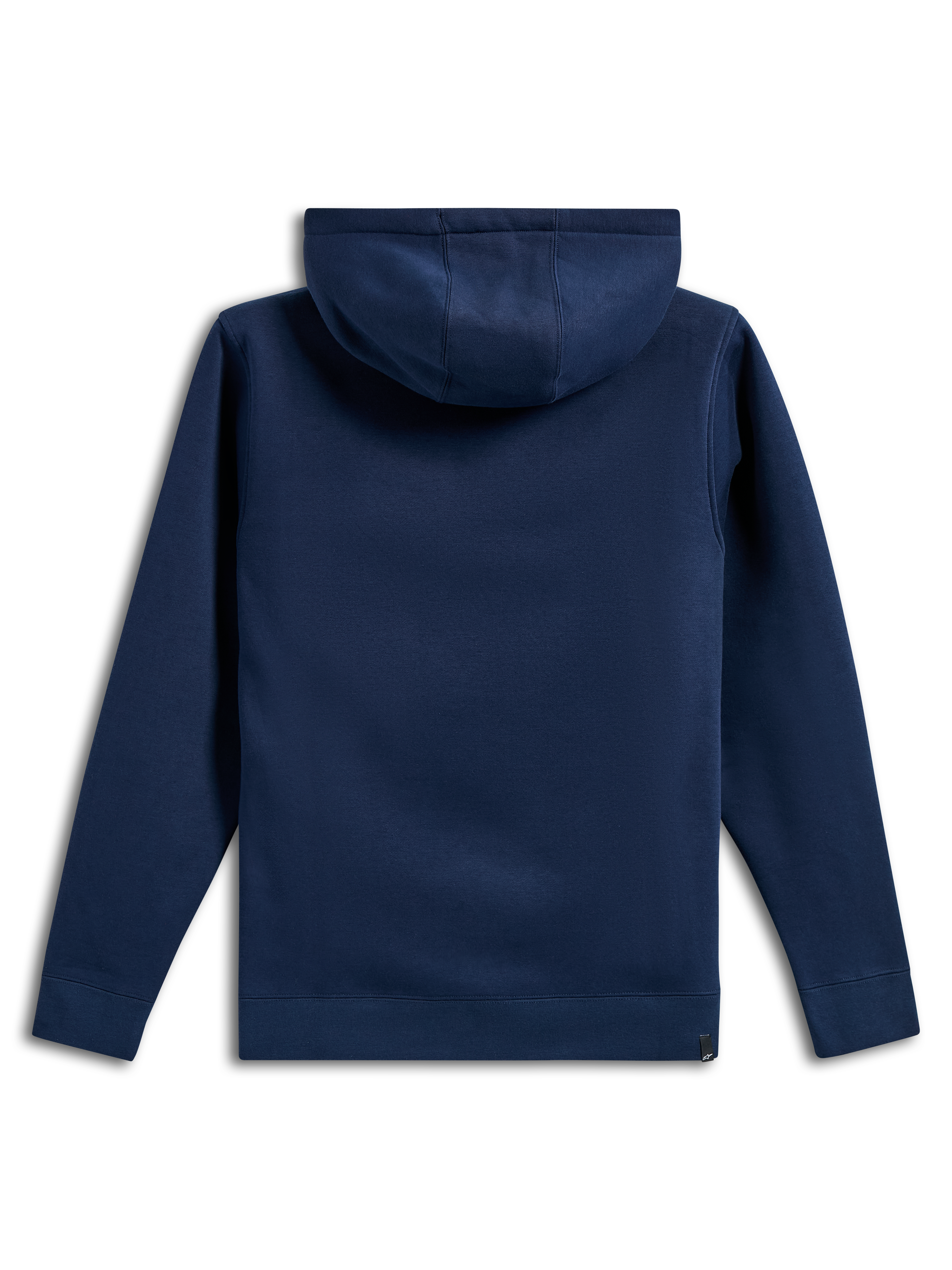 Alpinestars Ride V3 hættetrøje, set bagfra, mørkeblå fleece-hættetrøje, ensfarvet design med ribmanchetter og ribkant, jersey-foret hætte, afslappet motorsport-inspireret sportstøj