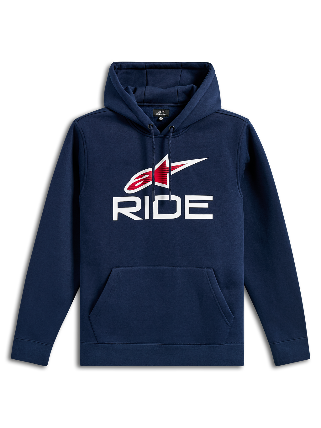 Alpinestars Ride V3 hættetrøje, afslappet navyblå pullover-fleece, hvidt RIDE-logo og rødt Alpinestars-stjernelogo på brystet, hætte med snoretræk, kængurulomme foran, lange ærmer og ribmanchetter