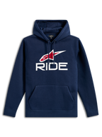 Alpinestars Ride V3 hættetrøje, afslappet navyblå pullover-fleece, hvidt RIDE-logo og rødt Alpinestars-stjernelogo på brystet, hætte med snoretræk, kængurulomme foran, lange ærmer og ribmanchetter