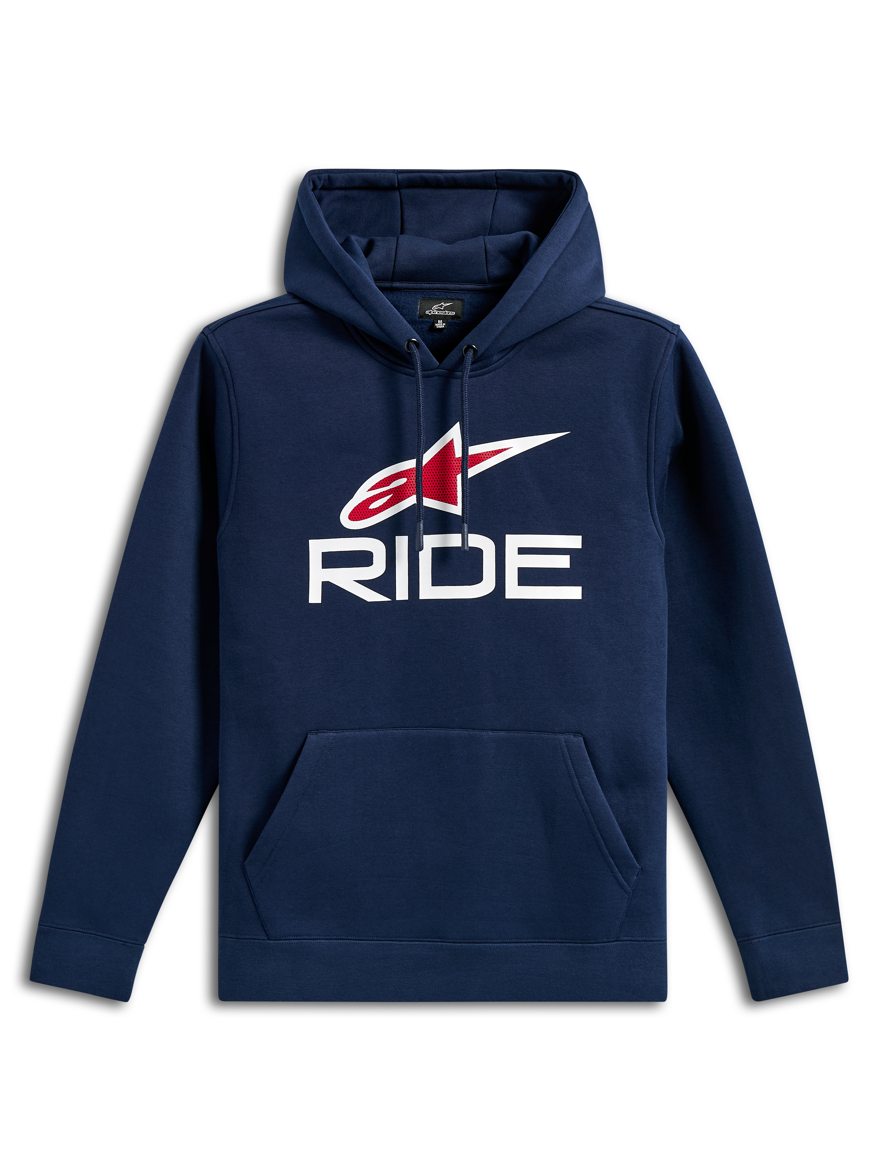 Alpinestars Ride V3 hættetrøje, afslappet navyblå pullover-fleece, hvidt RIDE-logo og rødt Alpinestars-stjernelogo på brystet, hætte med snoretræk, kængurulomme foran, lange ærmer og ribmanchetter
