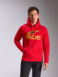 Alpinestars Ride V3 hættetrøje, rød med hi-vis gult logo, pullover fleece-hættetrøje med 'RIDE' og A-star grafik, kængurulomme, afslappet motorsport-streetwear