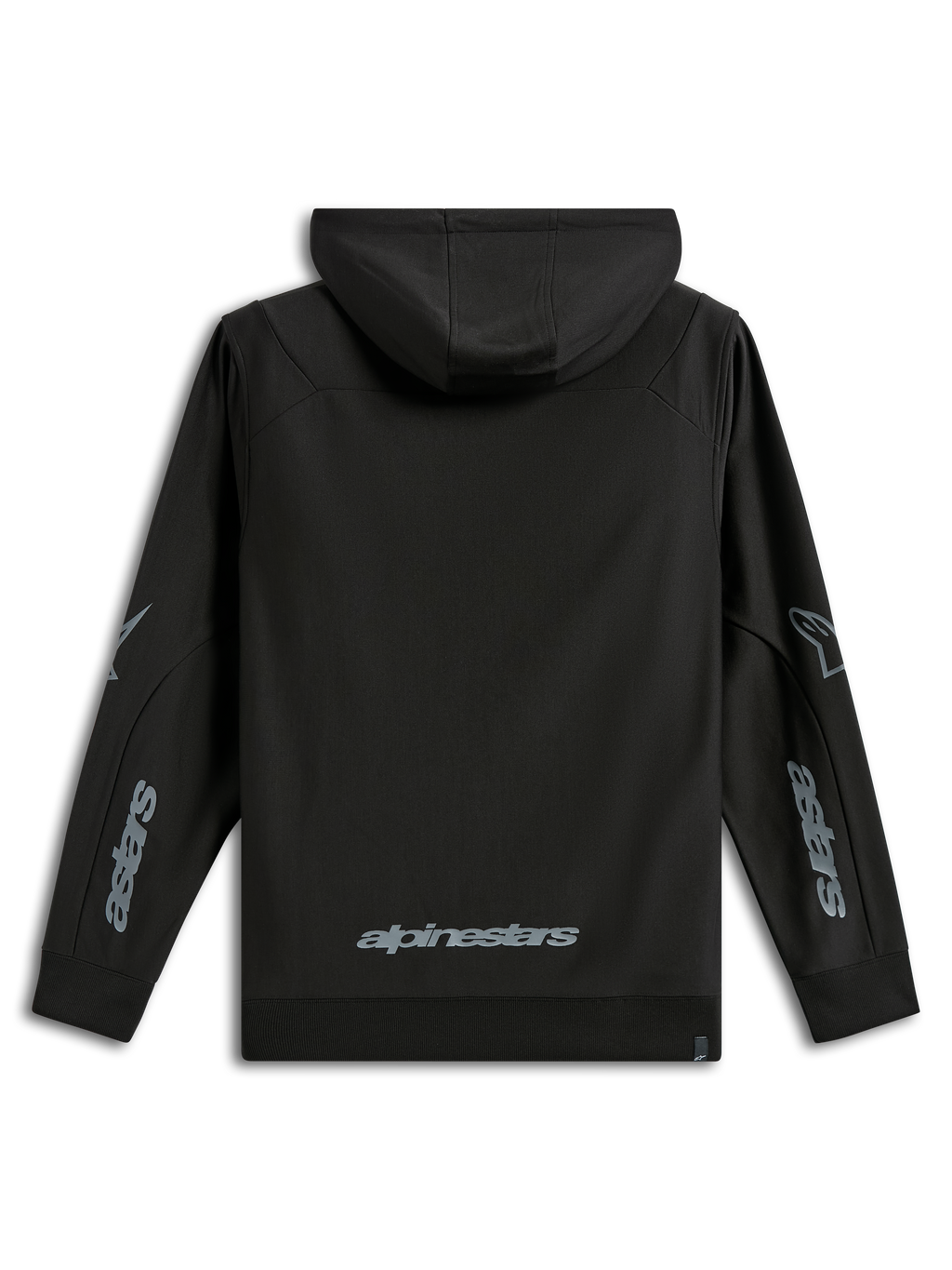 Alpinestars Sessions V3 Hoodie, afslappet sportstøj, sort med grå branding, set bagfra med Alpinestars-navnetræk nederst på ryggen og Astars-grafik på ærmerne, poly-fleece med hætte og ribkanter, moderne motorsportsinspireret design