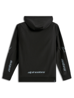 Alpinestars Sessions V3 Hoodie, afslappet sportstøj, sort med grå branding, set bagfra med Alpinestars-navnetræk nederst på ryggen og Astars-grafik på ærmerne, poly-fleece med hætte og ribkanter, moderne motorsportsinspireret design