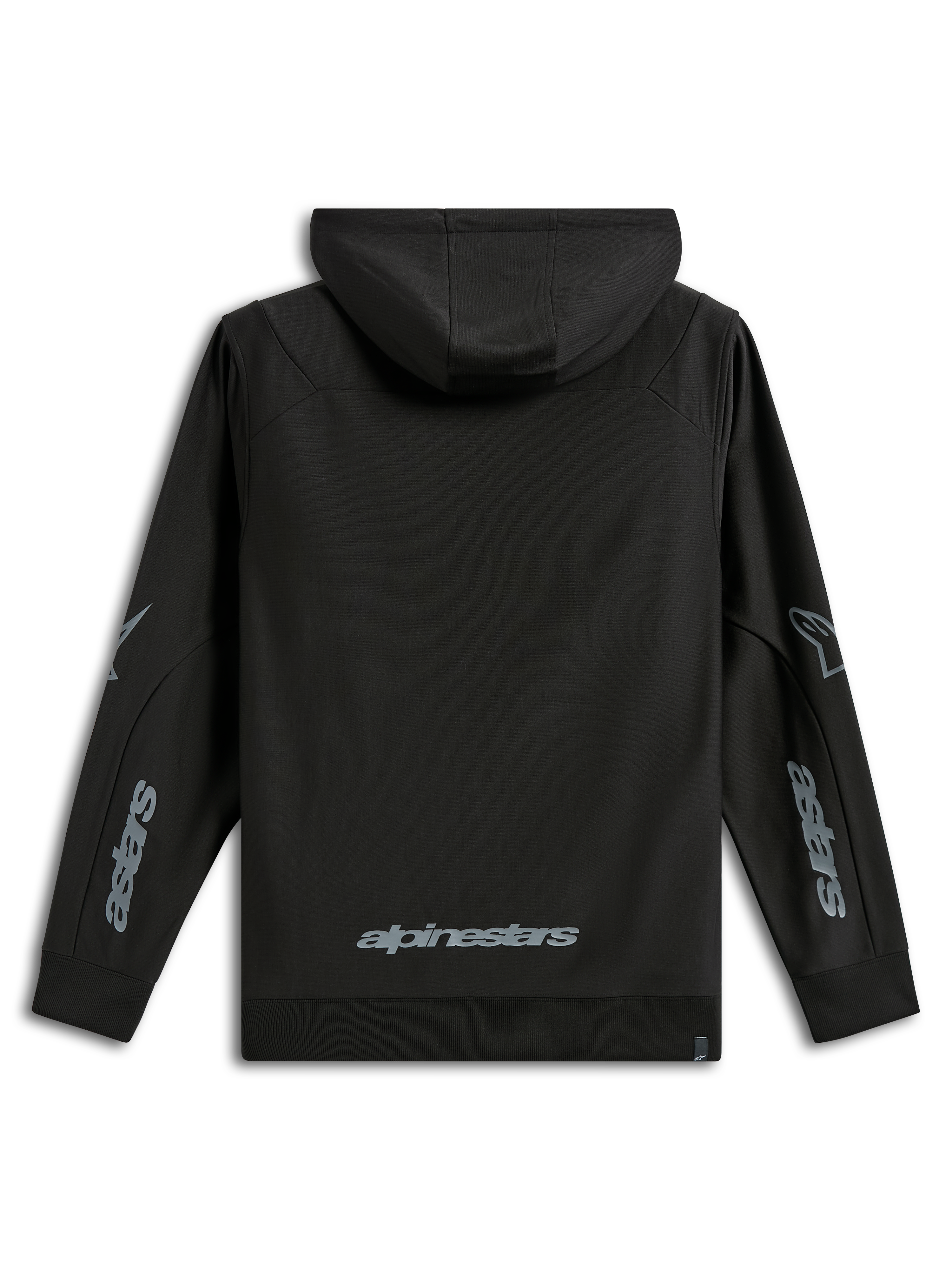 Alpinestars Sessions V3 Hoodie, afslappet sportstøj, sort med grå branding, set bagfra med Alpinestars-navnetræk nederst på ryggen og Astars-grafik på ærmerne, poly-fleece med hætte og ribkanter, moderne motorsportsinspireret design