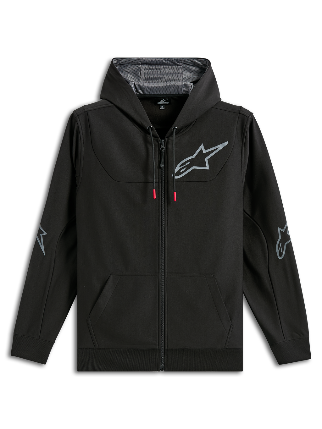 Alpinestars Sessions V3 hættetrøje, sort polyfleece-hættetrøje med fuld lynlås, gråt Alpinestars-stjernelogo på brystet og albuerne, snoretræk med røde ender, mesh-foret hætte, afslappet motorsport-streetwear