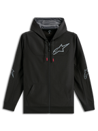 Alpinestars Sessions V3 hættetrøje, sort polyfleece-hættetrøje med fuld lynlås, gråt Alpinestars-stjernelogo på brystet og albuerne, snoretræk med røde ender, mesh-foret hætte, afslappet motorsport-streetwear