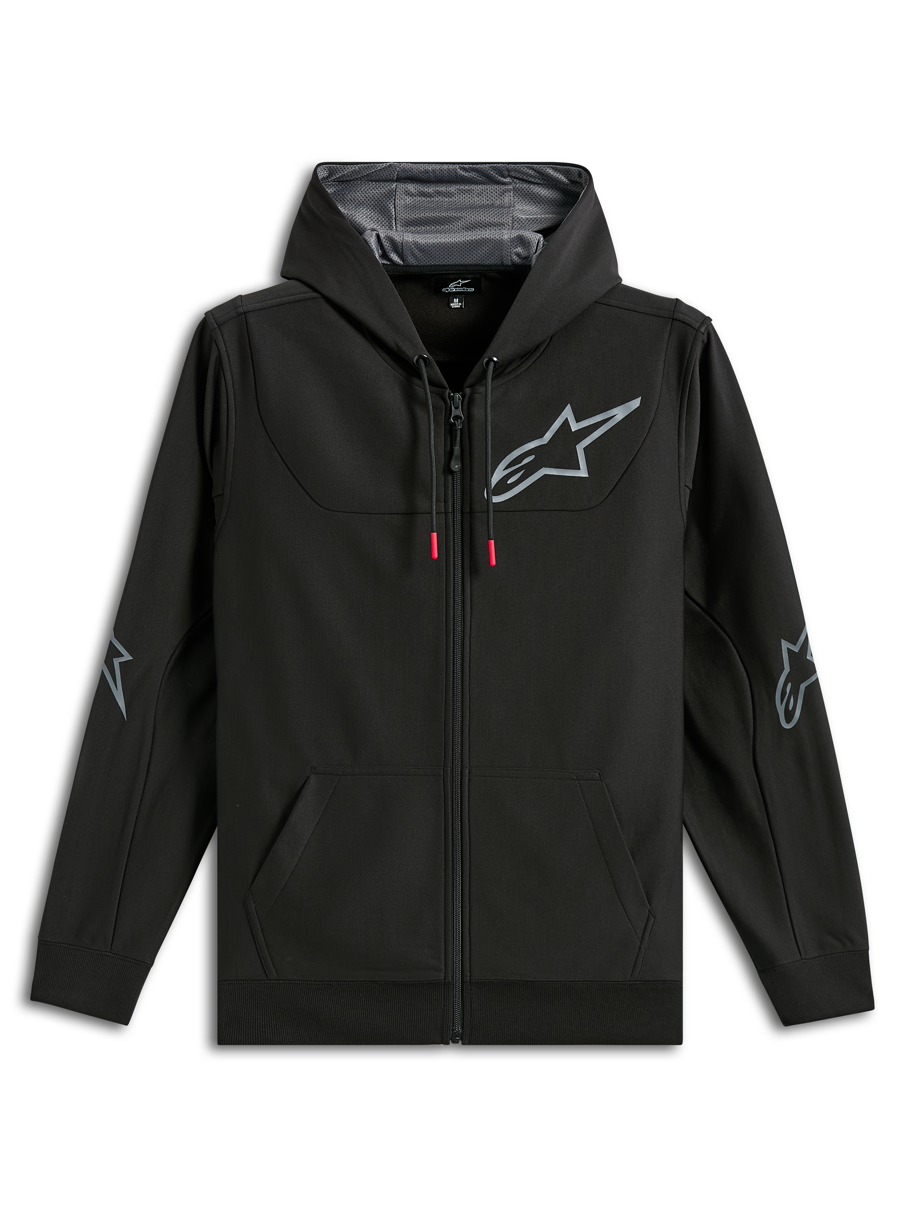 Alpinestars Sessions V3 hættetrøje, sort polyfleece-hættetrøje med fuld lynlås, gråt Alpinestars-stjernelogo på brystet og albuerne, snoretræk med røde ender, mesh-foret hætte, afslappet motorsport-streetwear
