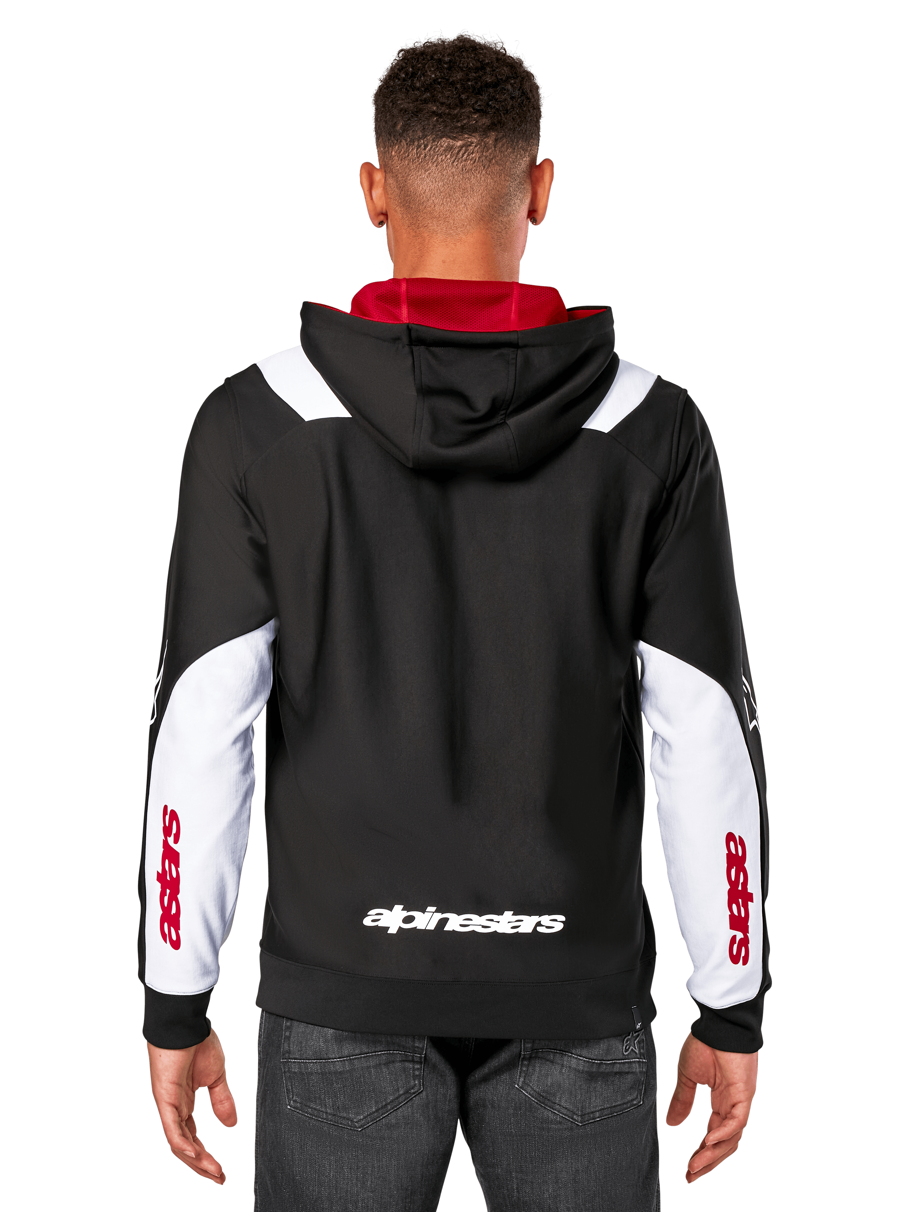 Alpinestars Sessions V3 Hoodie, back view, black with white sleeve panels and red hood lining, featuring white back wordmark and red sleeve branding, casual motorsport-inspired streetwear