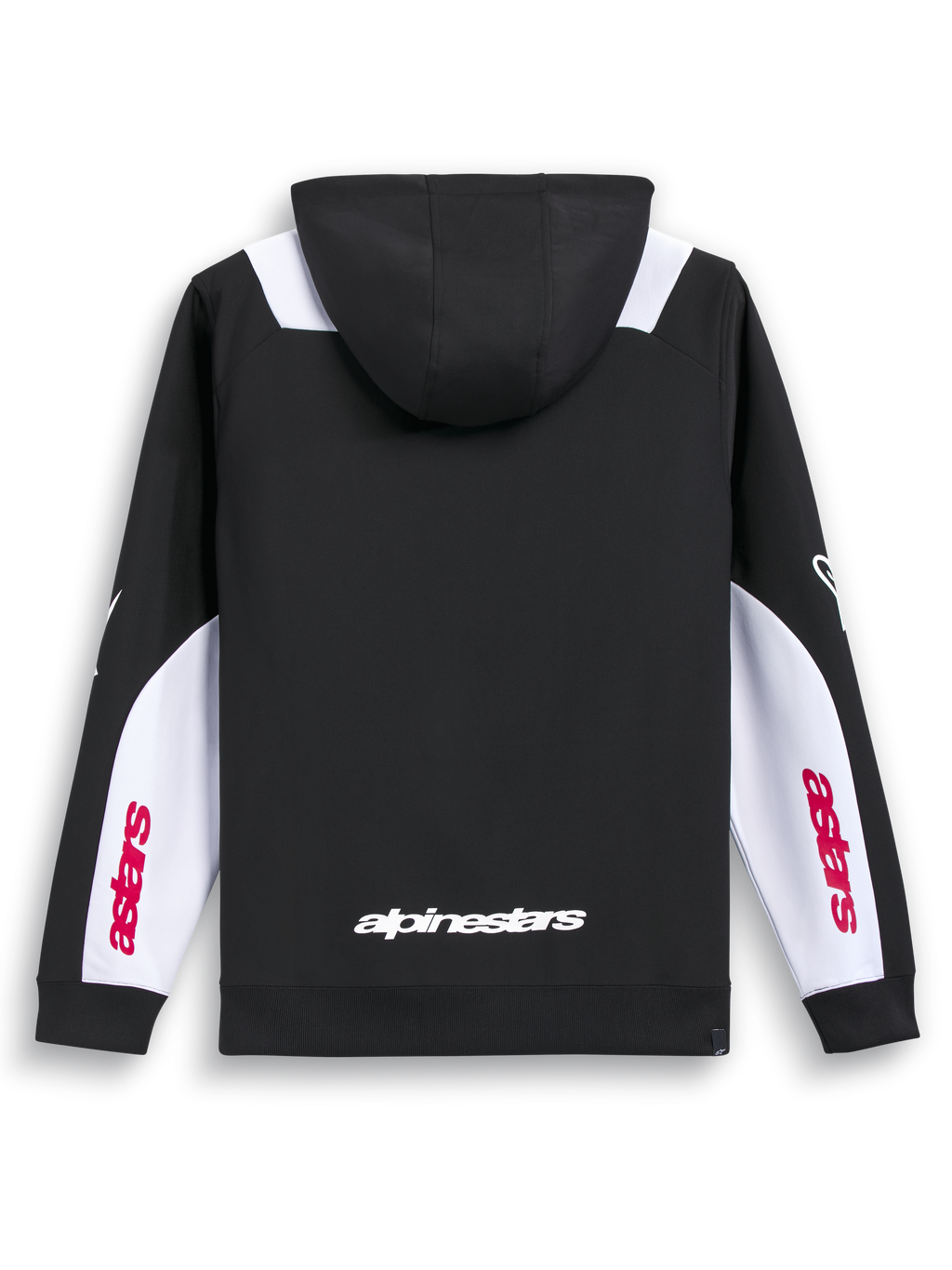 Alpinestars Sessions V3 Hættetrøje, sort lynlåshættetrøje med hvide og røde ærmepaneler set bagfra, visende hvidt ordmærkeprint på lænden og Astars-print på ærmet