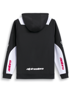Alpinestars Sessions V3 Hættetrøje, sort lynlåshættetrøje med hvide og røde ærmepaneler set bagfra, visende hvidt ordmærkeprint på lænden og Astars-print på ærmet