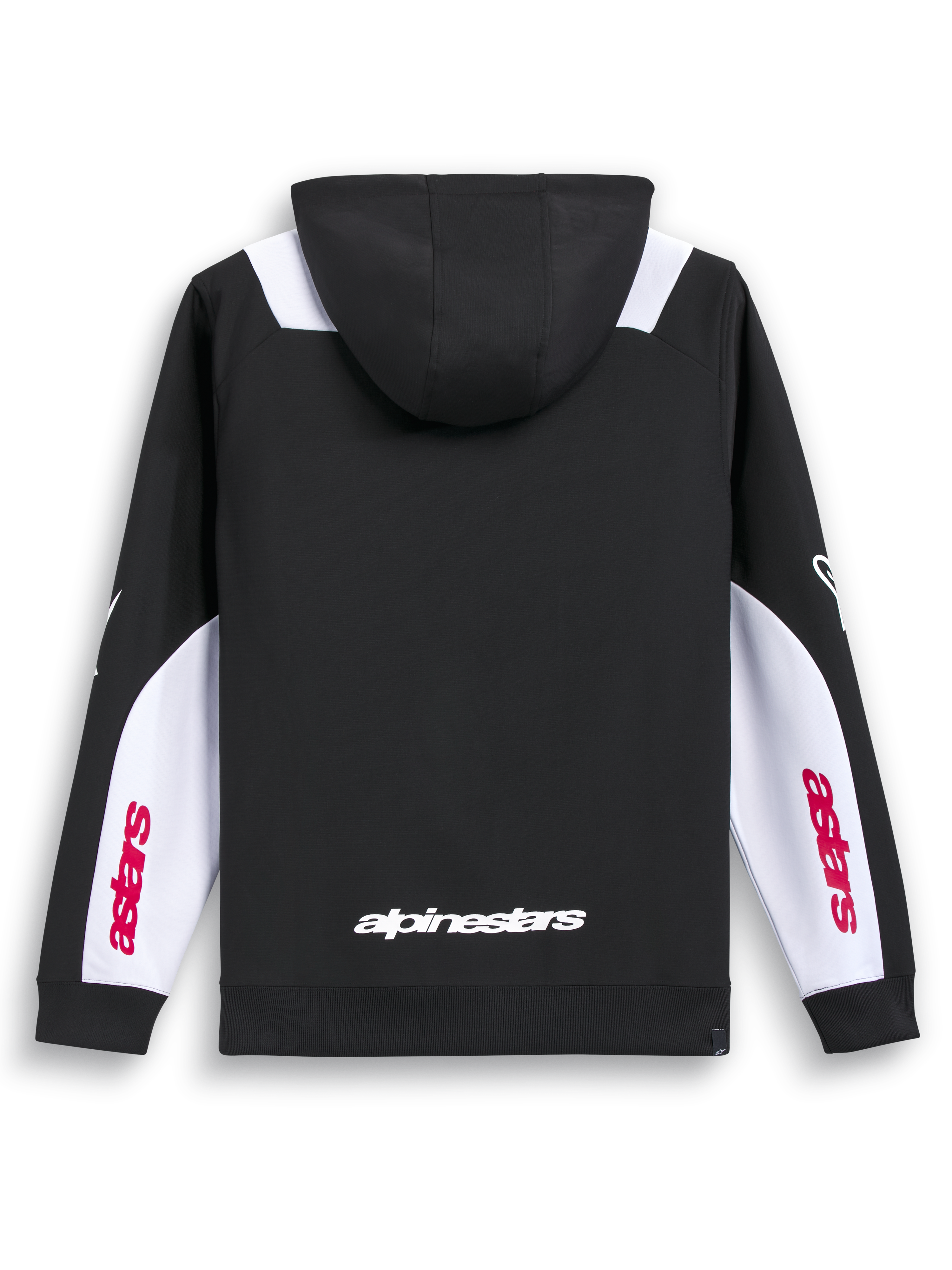 Alpinestars Sessions V3 Hættetrøje, sort lynlåshættetrøje med hvide og røde ærmepaneler set bagfra, visende hvidt ordmærkeprint på lænden og Astars-print på ærmet