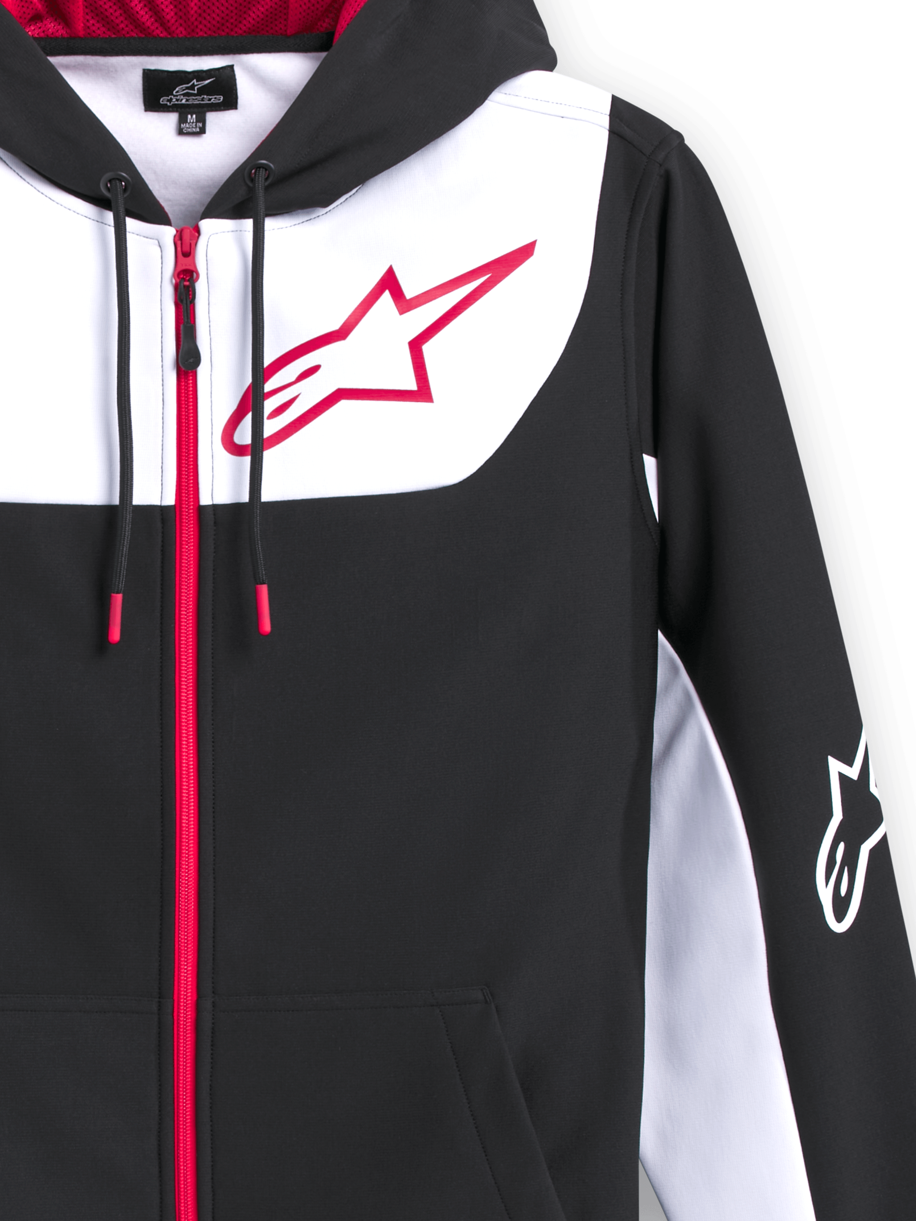 Alpinestars Sessions V3 Hoodie, Zip Front Poly Fleece Hoodie, Black with White and Red accents, featuring a large red Alpinestars star logo on the chest, red front zipper, drawcords with red tips, and white logo on the sleeve, casual motorsport-inspired design