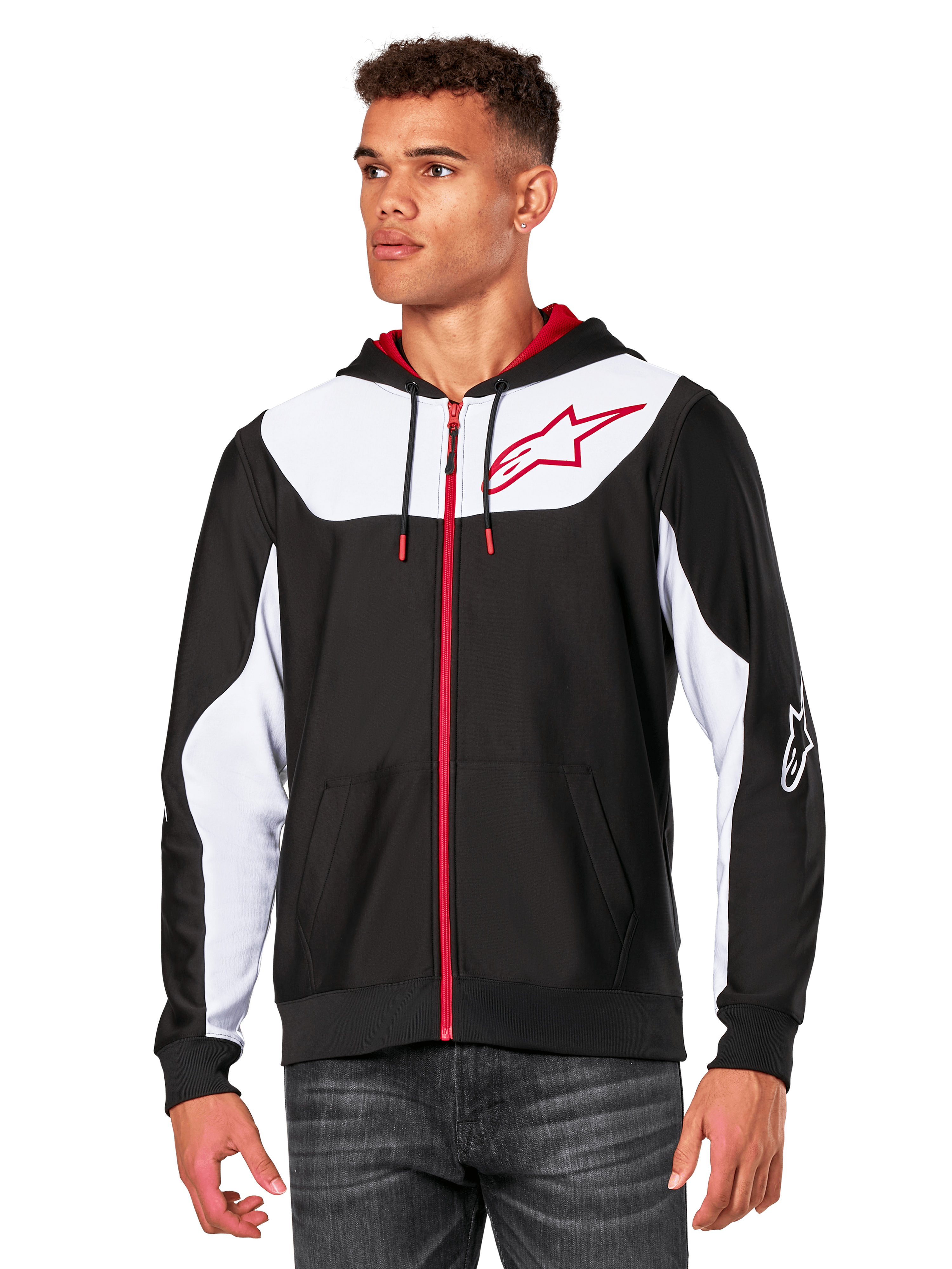 Alpinestars Sessions V3 hættetrøje, hættetrøje med lynlås, sort med hvide paneler og røde detaljer, rød lynlås, mesh-foret hætte, Alpinestars stjernelogo på brystet, afslappet motorsport-inspireret streetwear