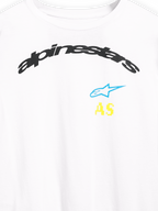 Alpinestars Brundo CSF Long Sleeve Tee, Close-up of chest graphics, White, Arched black Alpinestars logo with blue star and yellow AS initials, Casual Sportswear