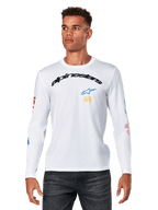 Alpinestars Brundo CSF Long Sleeve Tee, White, arched black Alpinestars logo with blue star and yellow AS initials, colorful graphic prints on sleeves, Men's casual motorsport streetwear