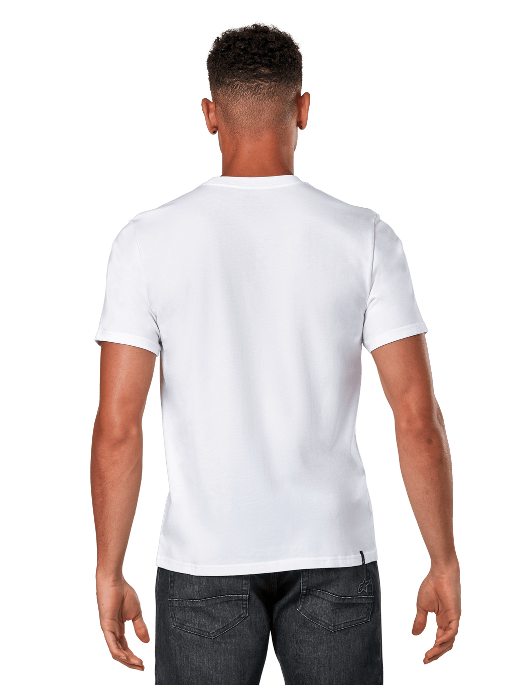 Alpinestars Glyfs CSF Tee, Short Sleeve T-Shirt, White, back view of male model wearing plain white tee and dark denim, casual motorsport streetwear