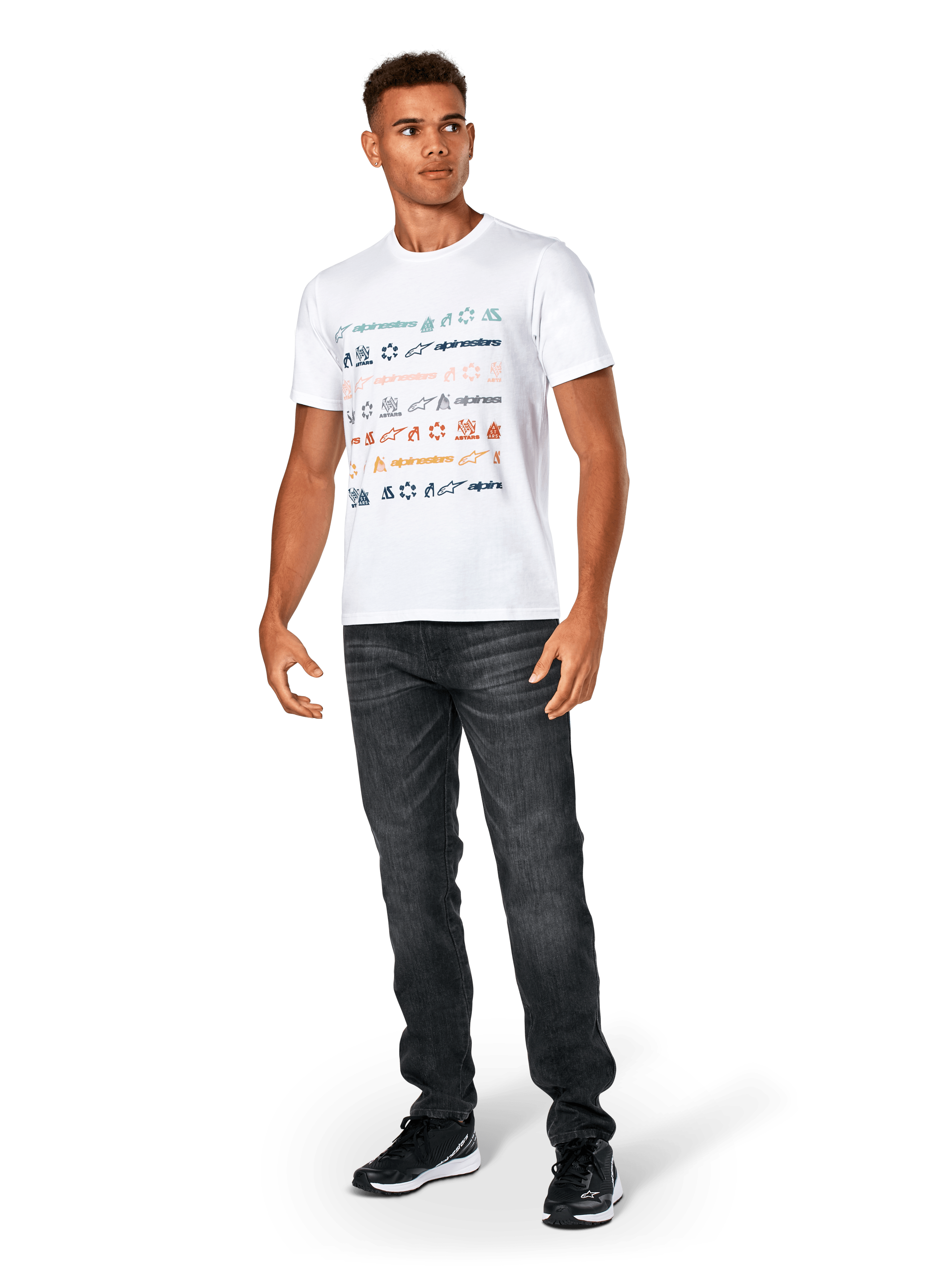 Alpinestars Glyfs CSF Tee, Short Sleeve T-Shirt, White, featuring multi-logo striped graphic on the front, worn with dark grey jeans and black sneakers, casual motorsport-inspired sportswear