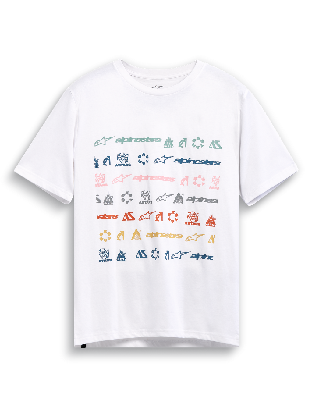 Alpinestars Glyfs CSF T-shirt, hvid kortærmet t-shirt med multi-logo stribet grafisk print på fronten, afslappet motorsport sportstøj