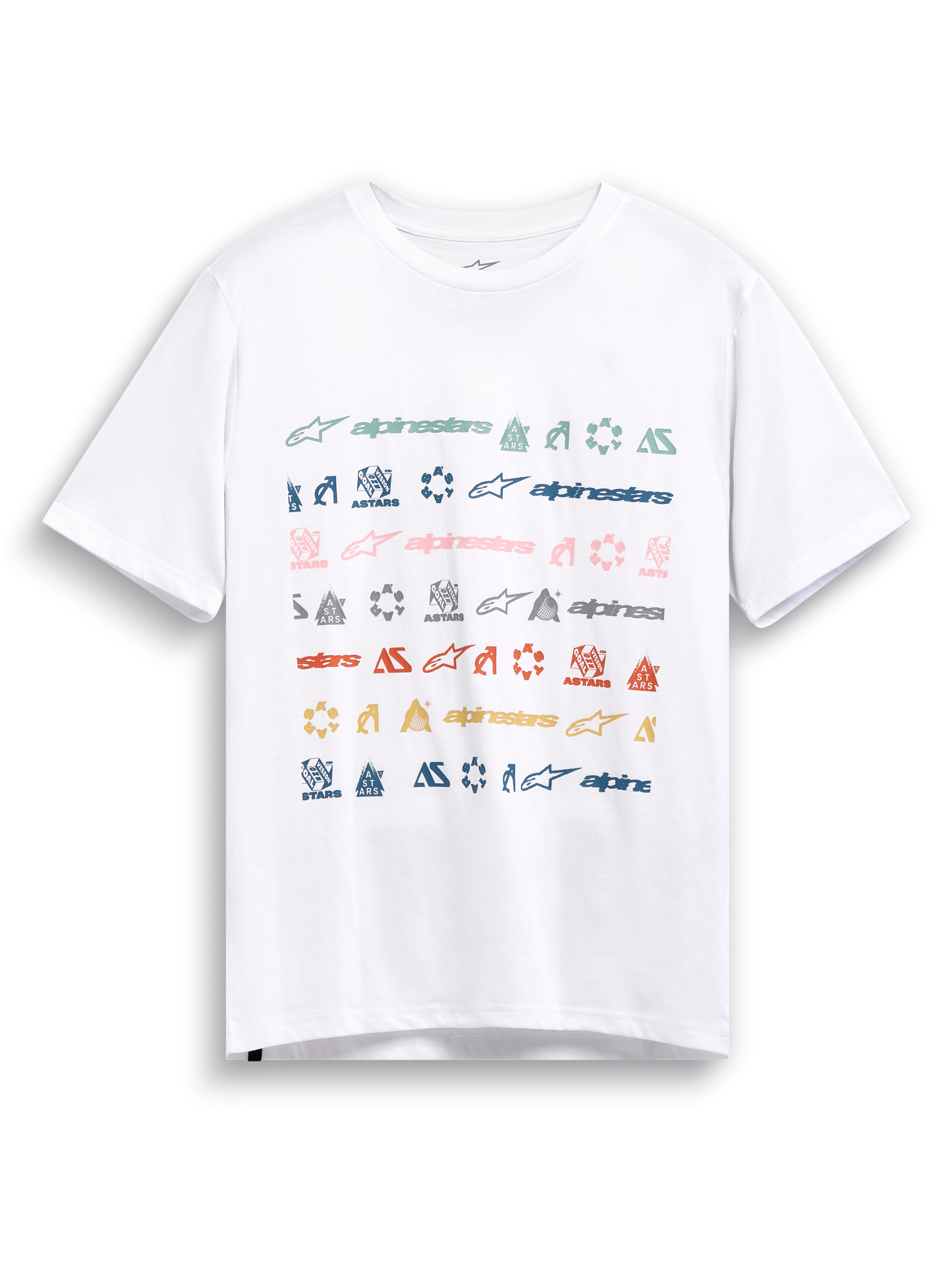 Alpinestars Glyfs CSF T-shirt, hvid kortærmet t-shirt med multi-logo stribet grafisk print på fronten, afslappet motorsport sportstøj