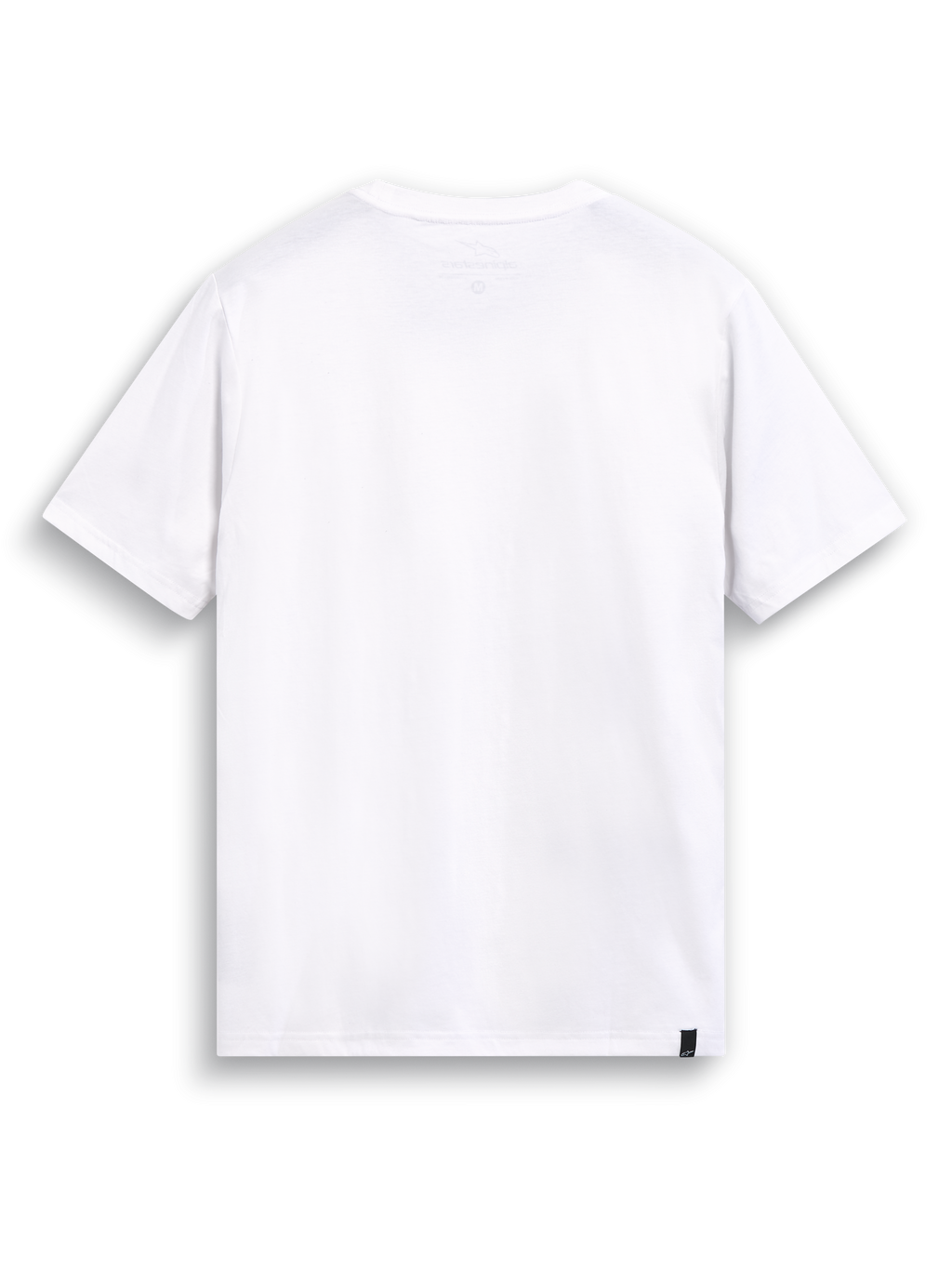 Alpinestars Glyfs CSF T-shirt, hvid kortærmet T-shirt set bagfra med internt nakkeprint og ekstern mærkning, afslappet motorsport sportstøj