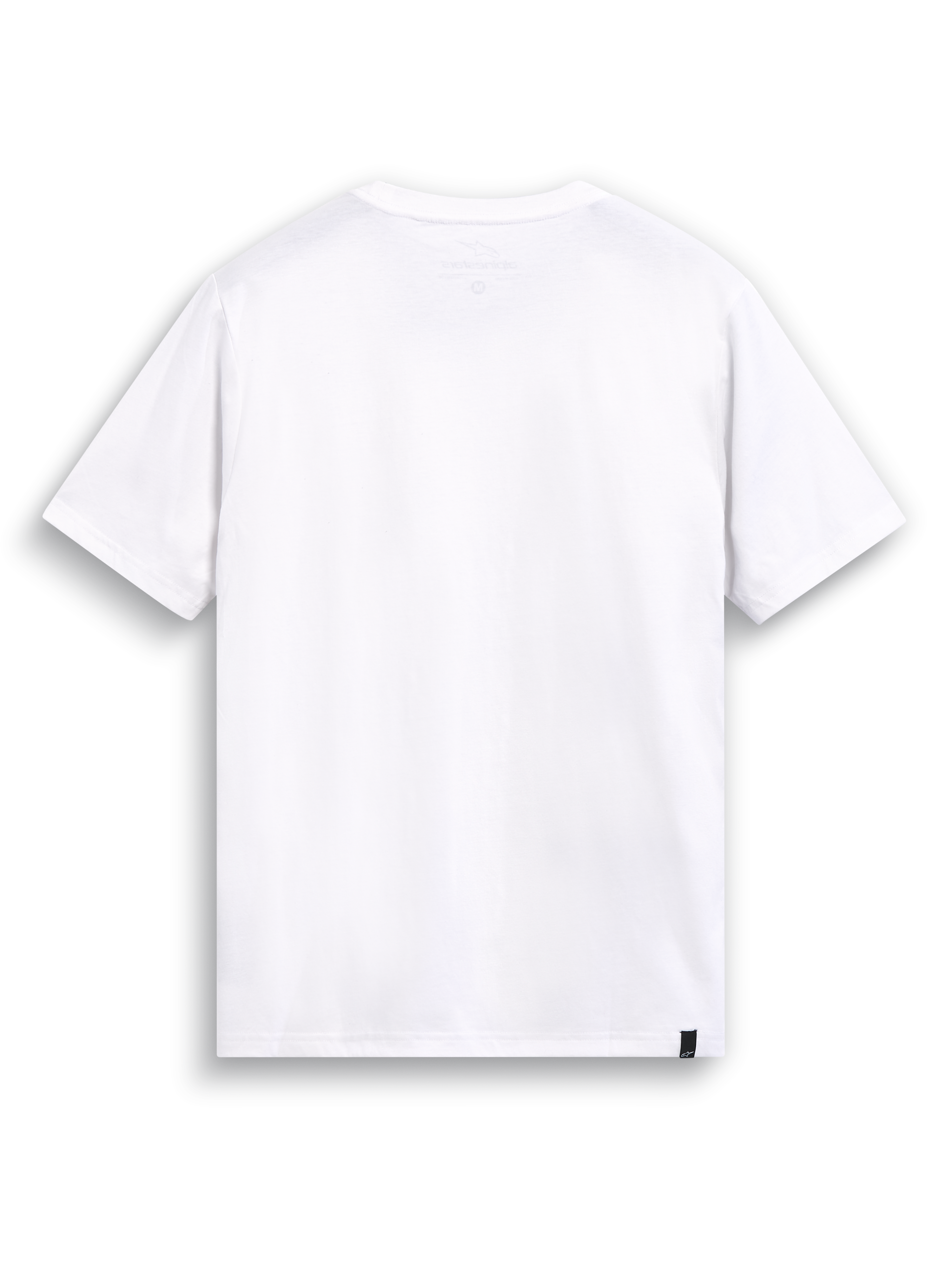 Alpinestars Glyfs CSF T-shirt, hvid kortærmet T-shirt set bagfra med internt nakkeprint og ekstern mærkning, afslappet motorsport sportstøj