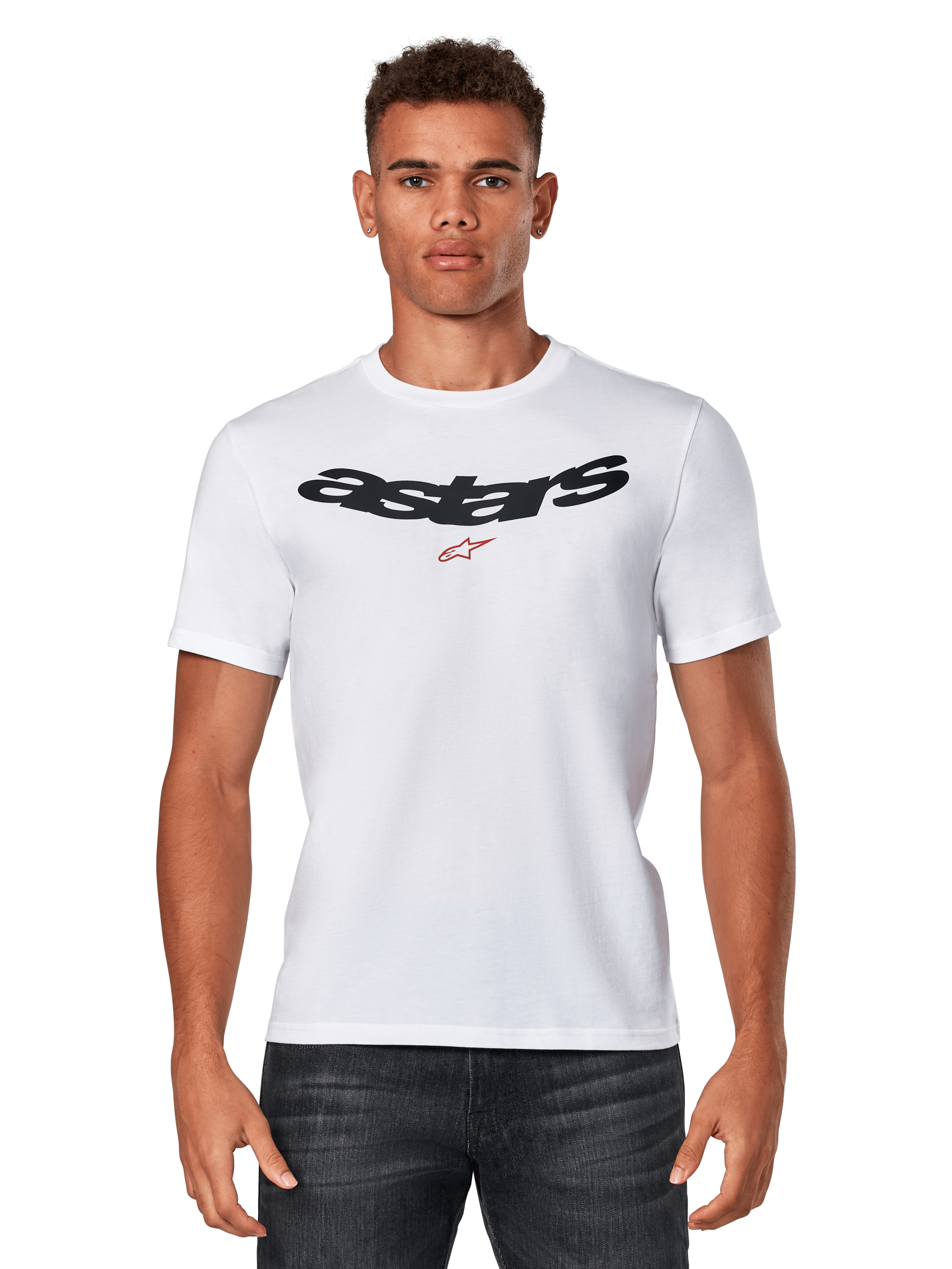 Alpinestars Elliptic CSF Tee, White Short Sleeve T-Shirt worn by model, black arched Astars logo with red star graphic on chest, casual motorsport apparel