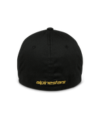 Alpinestars Gild Hat, Black Sportswear Cap, back view with gold metallic flat Alpinestars embroidery, closed flex back design, structured crown, casual motorsport-inspired headwear