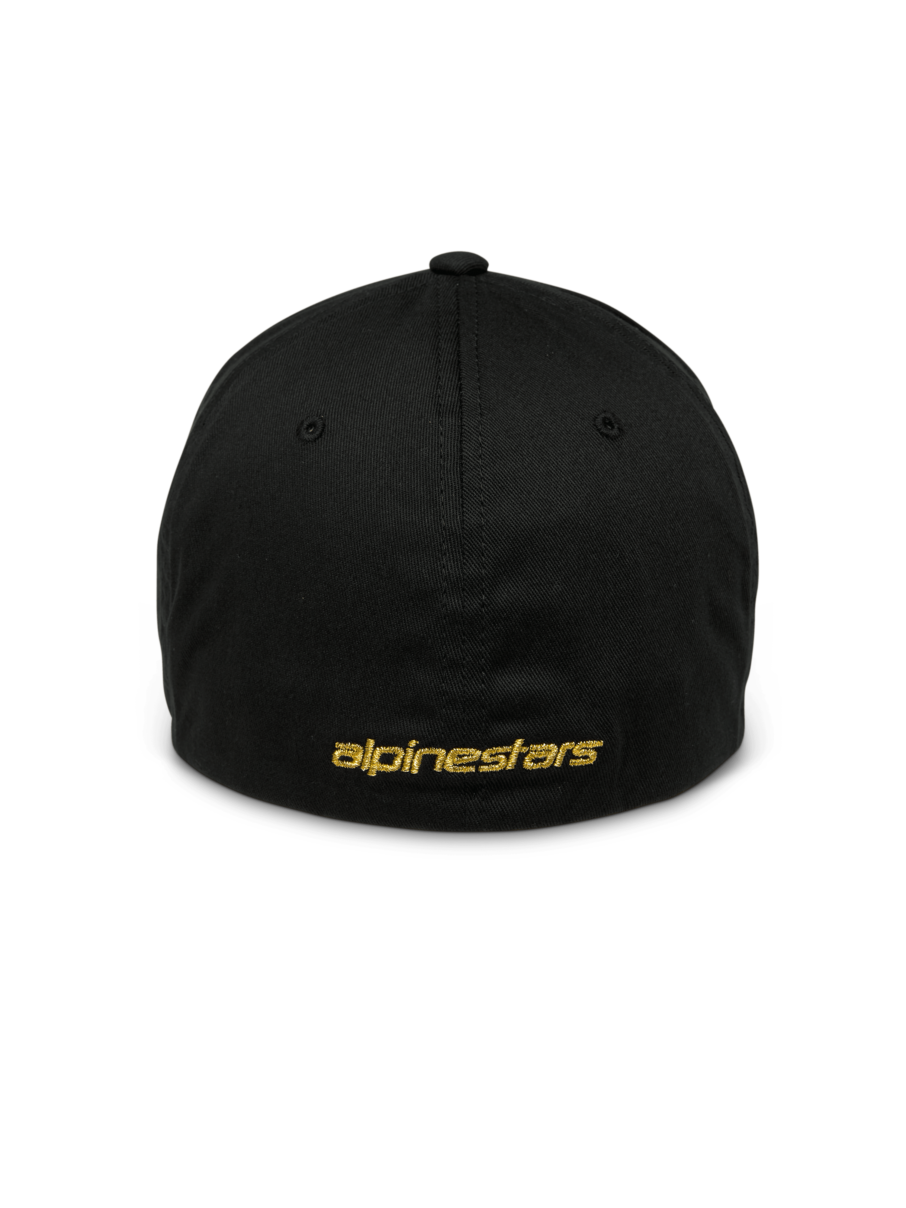 Alpinestars Gild Hat, Black Sportswear Cap, back view with gold metallic flat Alpinestars embroidery, closed flex back design, structured crown, casual motorsport-inspired headwear