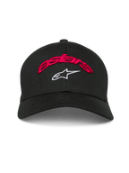 Alpinestars Arcstars Hat, Black Baseball Cap, Red 3D Embroidered astars script and White Star logo, Curved Bill, Structured Crown, Casual Motorsport Headwear
