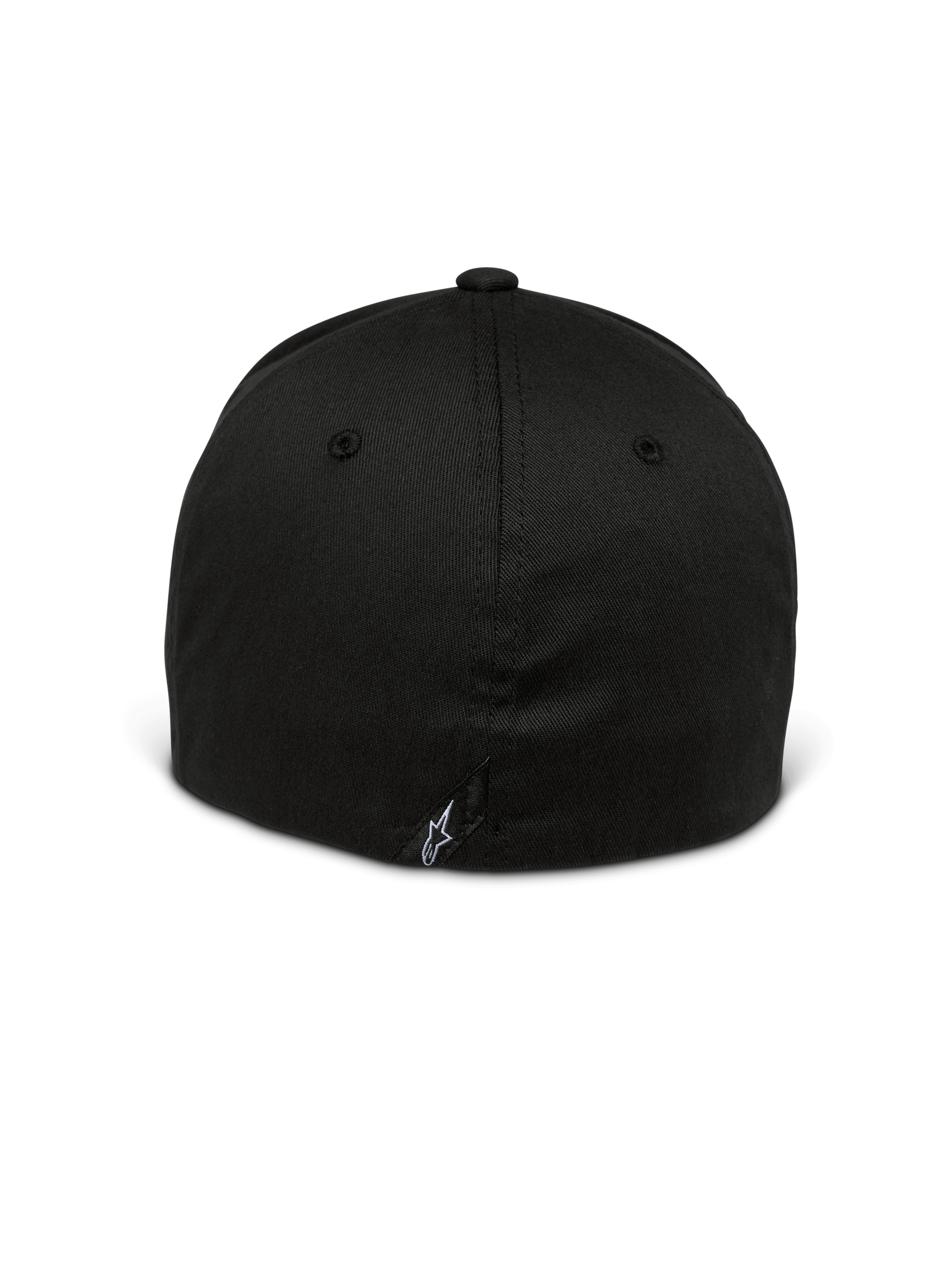 Alpinestars Setting Hat, Flex Back Hat, Black, back view showing closed flex design, small white embroidered star logo on the lower seam, structured crown with stretch twill fabric