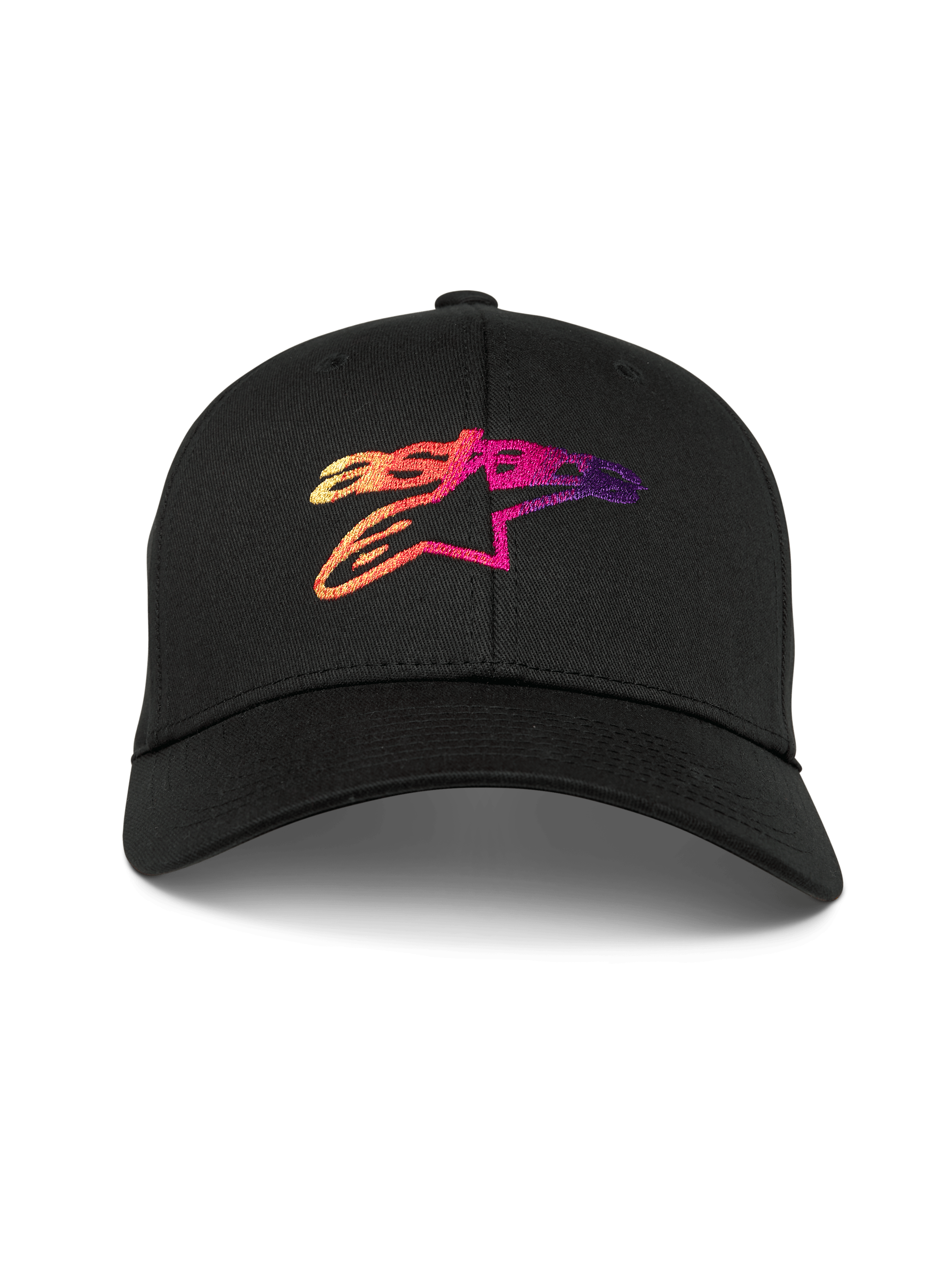 Alpinestars Setting Hat, black curved bill baseball cap, featuring a 3D gradation embroidered Astar logo with orange pink and purple tones, structured crown, casual motorsport sportswear