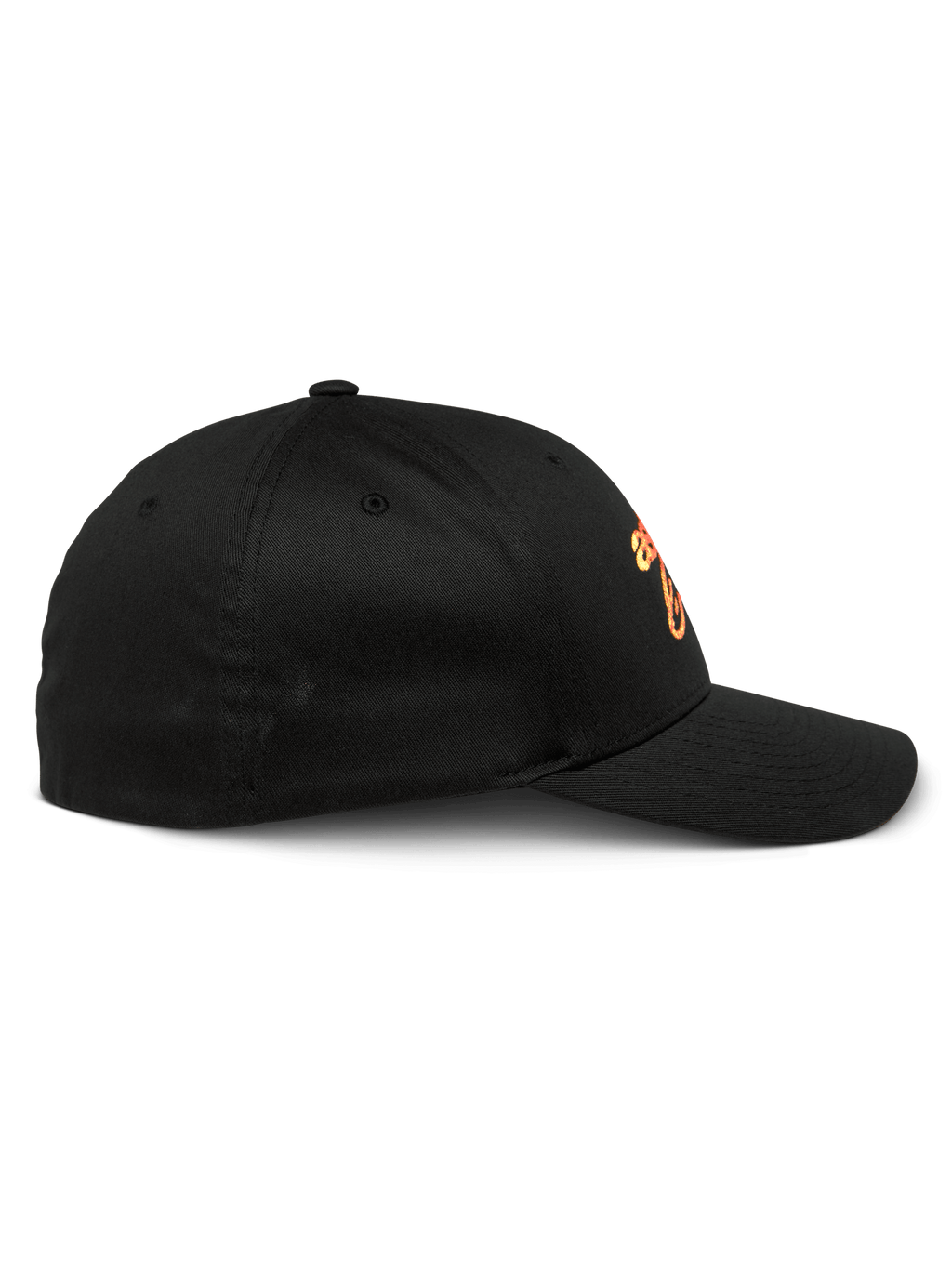Alpinestars Setting Hat, Black Baseball Cap, side profile view showing curved bill and structured crown, featuring orange gradation embroidered logo, casual sportswear
