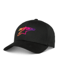 Alpinestars Setting Hat, Black Baseball Cap, featuring 3D gradient embroidered logo in orange, pink, and purple, curved brim, structured crown, casual lifestyle headwear