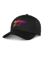 Alpinestars Setting Hat, Black Baseball Cap, featuring 3D gradient embroidered logo in orange, pink, and purple, curved brim, structured crown, casual lifestyle headwear