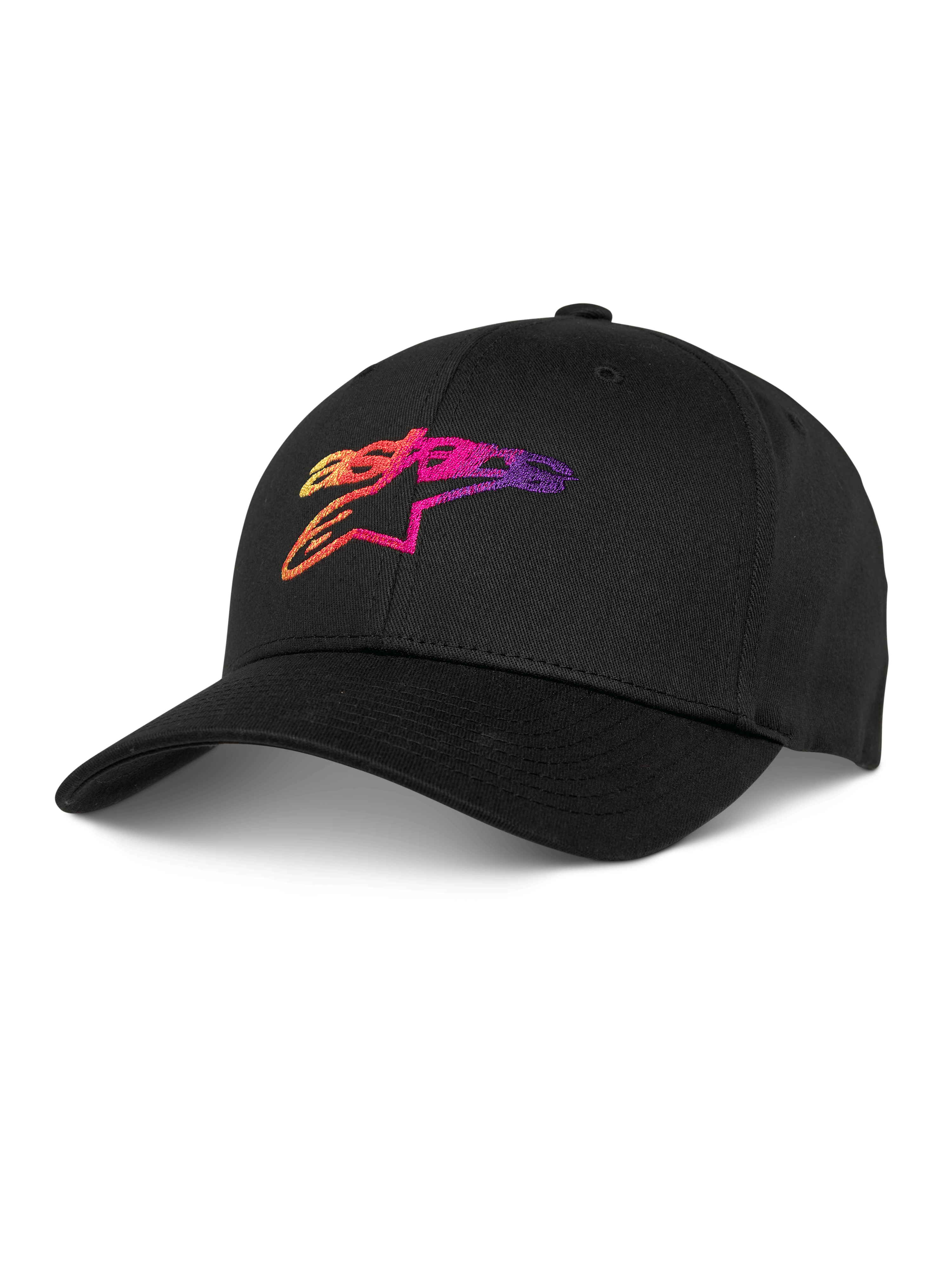 Alpinestars Setting Hat, Black Baseball Cap, featuring 3D gradient embroidered logo in orange, pink, and purple, curved brim, structured crown, casual lifestyle headwear