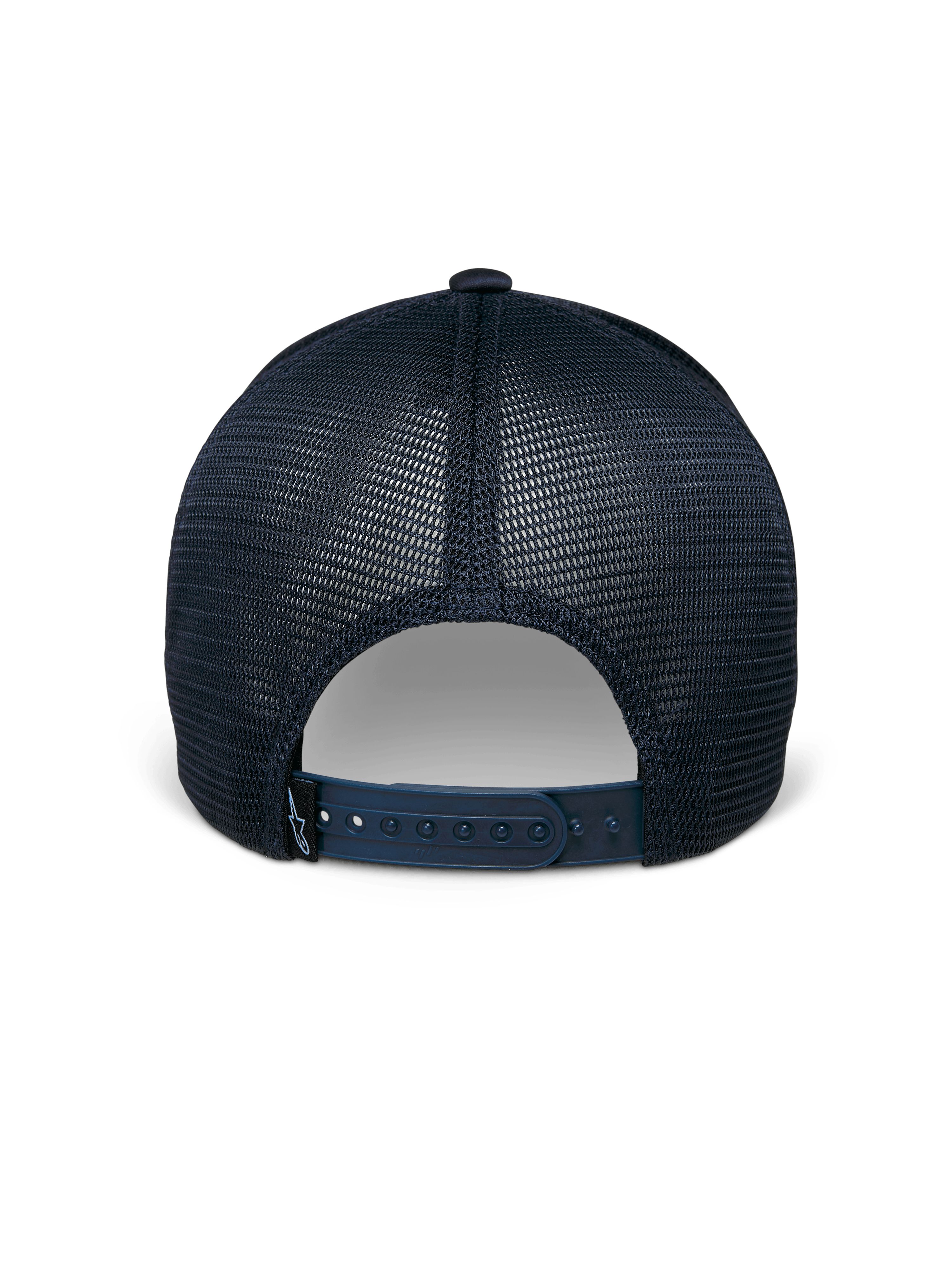 Alpinestars Delane Hat, Navy Blue, Back View, featuring breathable diamond mesh panels, adjustable snapback closure with small logo label, casual performance sportswear