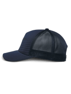 Alpinestars Delane Hat, Navy Blue, side profile of a structured baseball-style cap with a curved bill, featuring a hybrid jersey front with horizontal stitching and a diamond mesh back, casual performance sportswear.