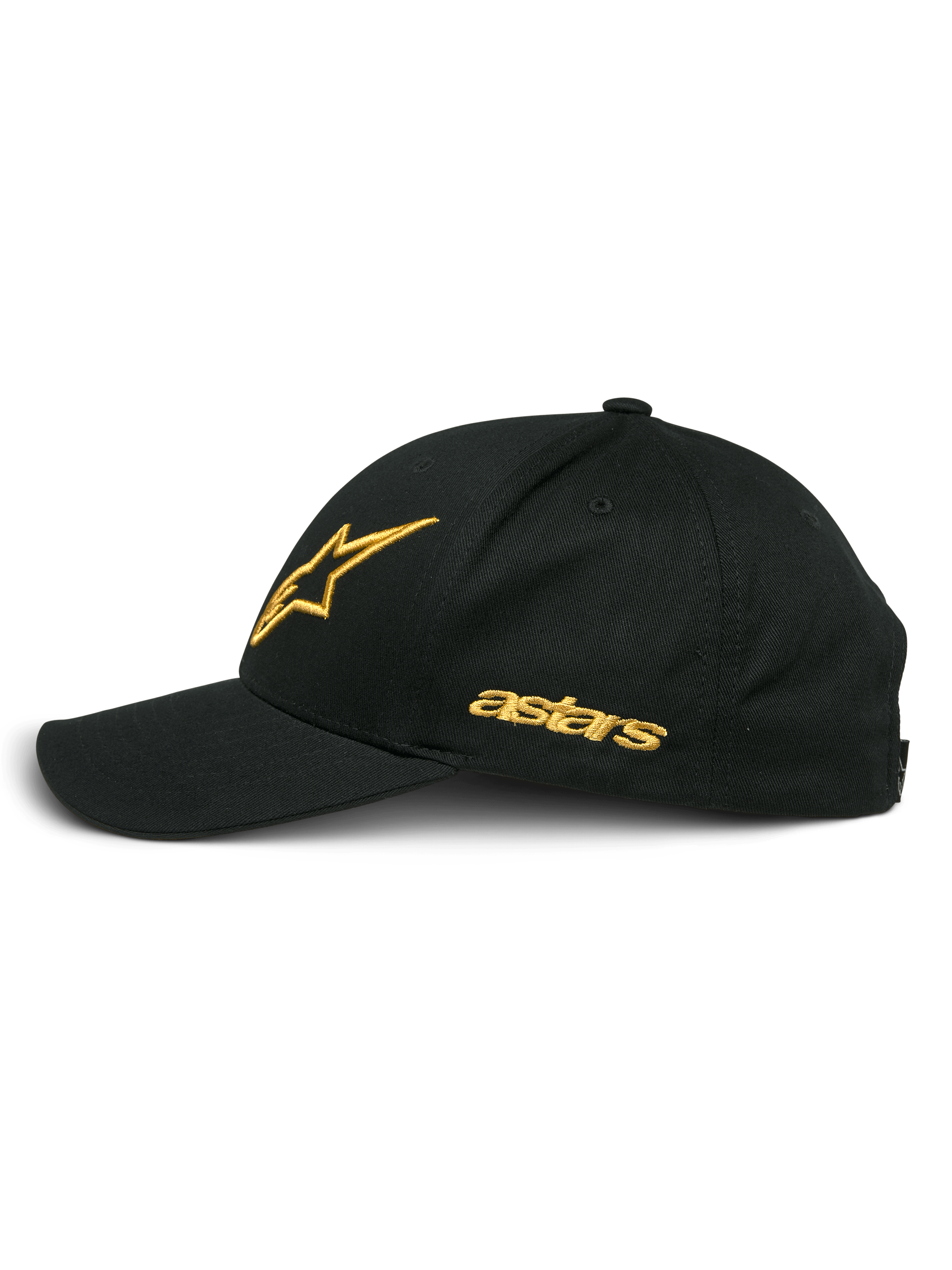 Alpinestars Sessionized Hat, Black and Gold, side profile featuring gold embroidered star logo and astars text, curved bill, structured crown, casual motorsport-inspired headwear.