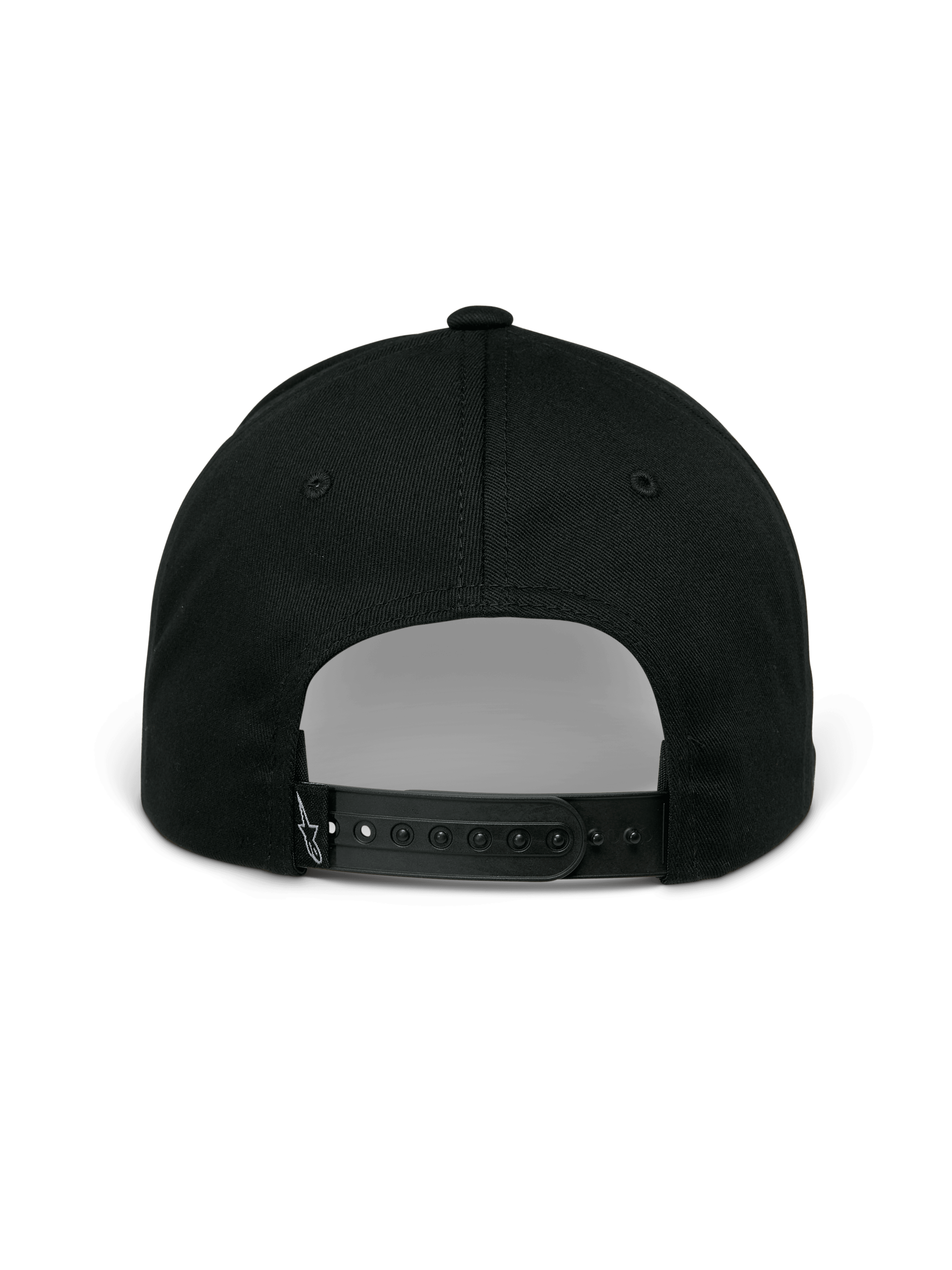 Alpinestars Profile Hat, Black, rear view showing adjustable snapback closure, structured crown, and small white embroidered logo on the back strap, casual sportswear.