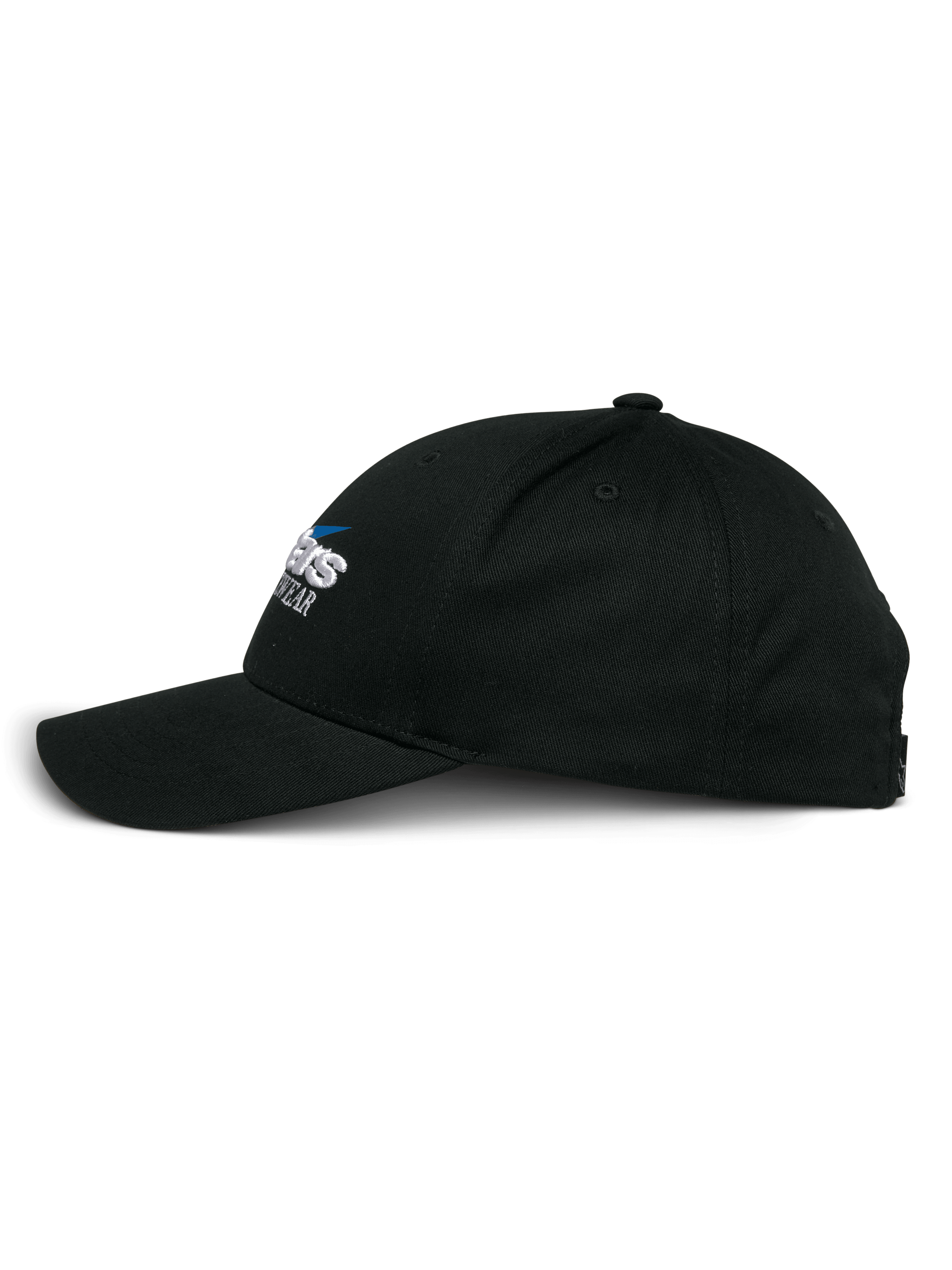 Alpinestars Profile Hat, Snapback Cap, Black, side profile view, structured crown with curved bill, embroidered Alpinestars logo, casual motorsport-inspired headwear