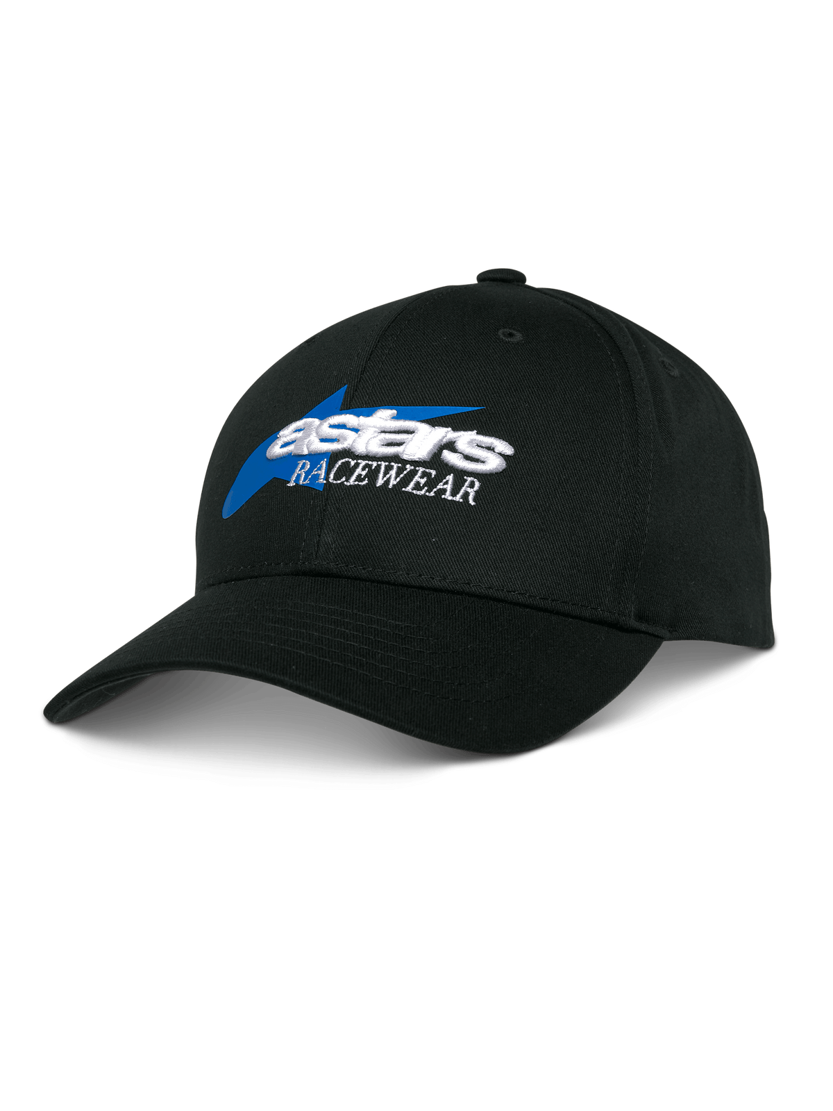Alpinestars Profile Hat, sort baseballcap, blåt og hvidt Astars Racewear-broderi, struktureret krone med buet skygge, casual motorsports-hovedbeklædning