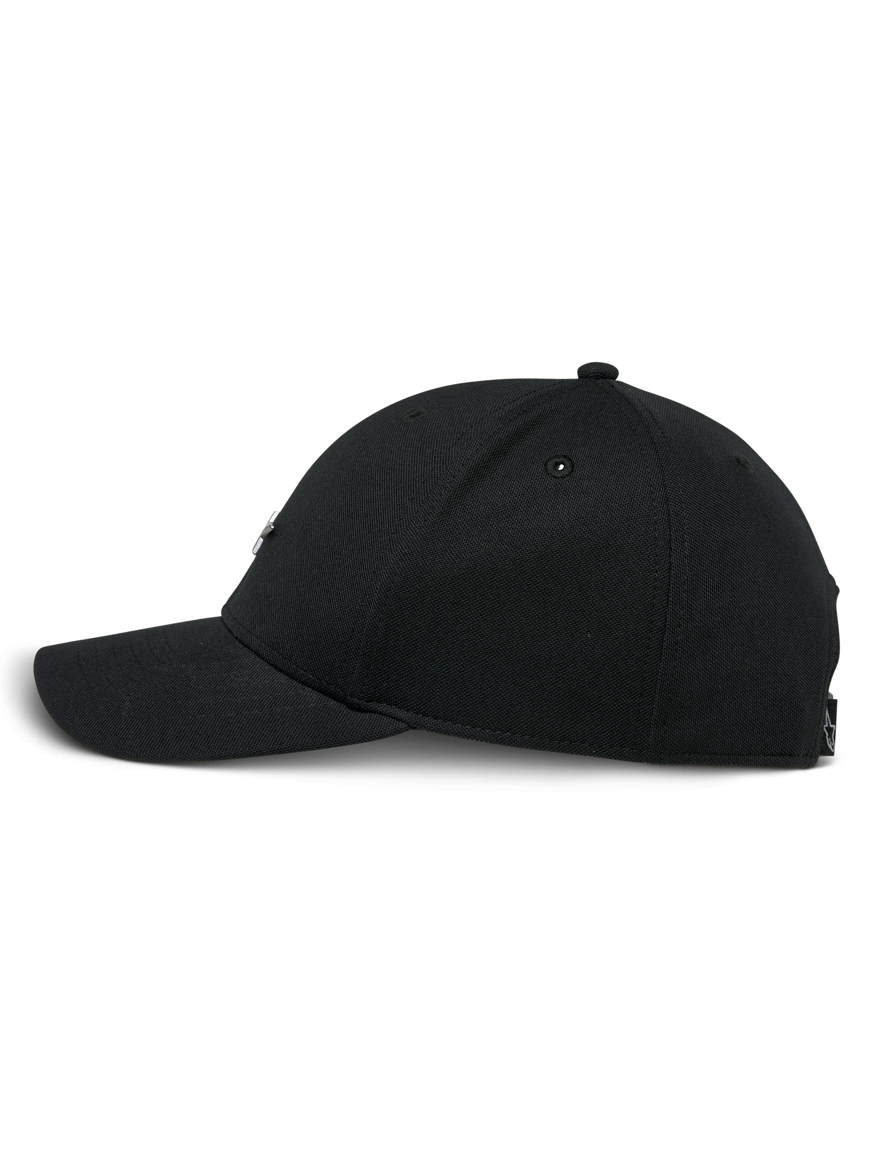 Alpinestars Metal Logo Hat, Black Snapback Cap, side profile view, curved bill with structured crown, mini pique fabric, casual motorsport-inspired streetwear
