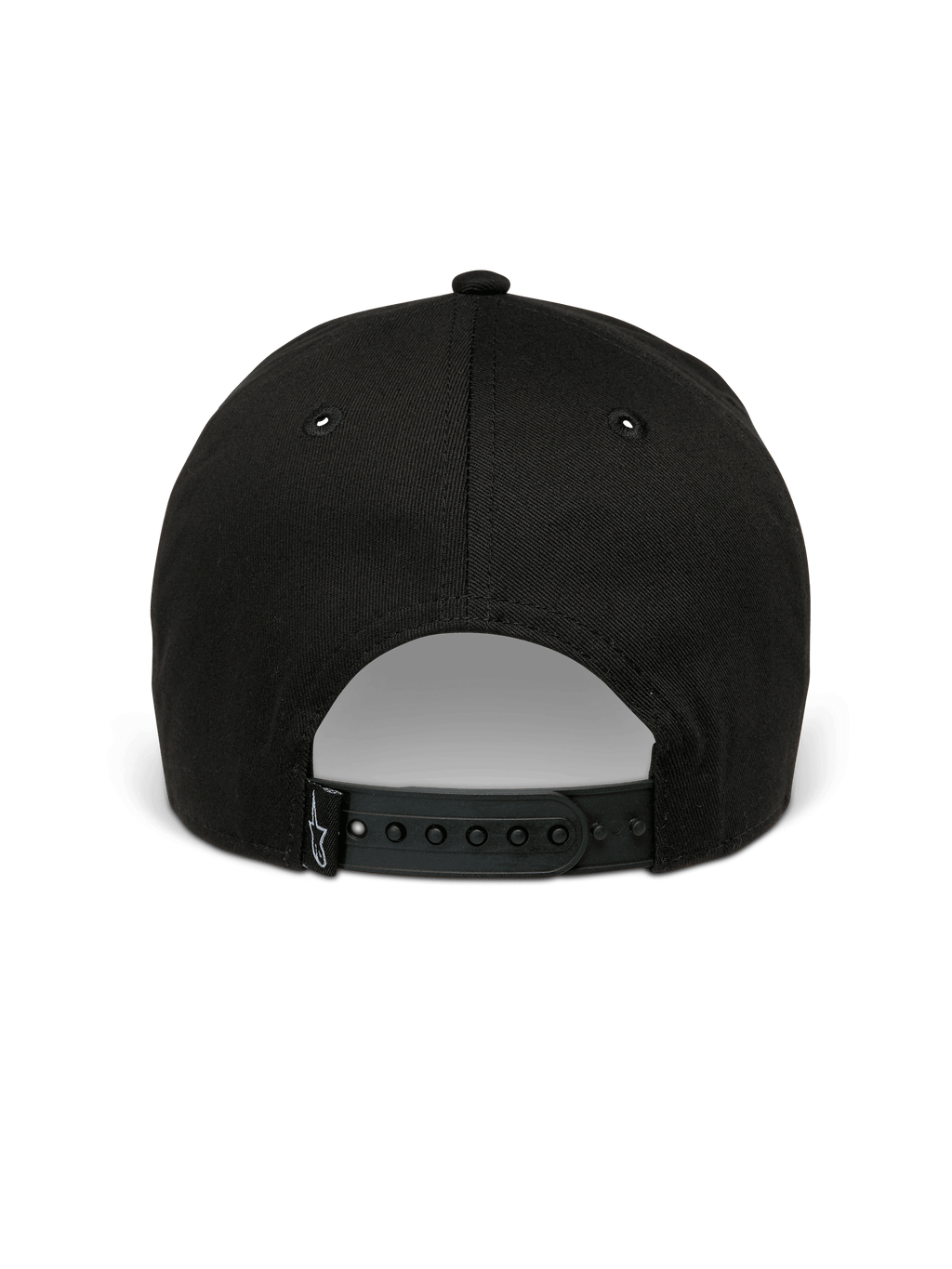 Alpinestars Canyon kasket, sort snapback kasket, set bagfra med justerbar snap-lukning og lille vævet Astars-logolabel, 100% bomuldstwill-materiale, afslappet motorsport-inspireret hovedbeklædning