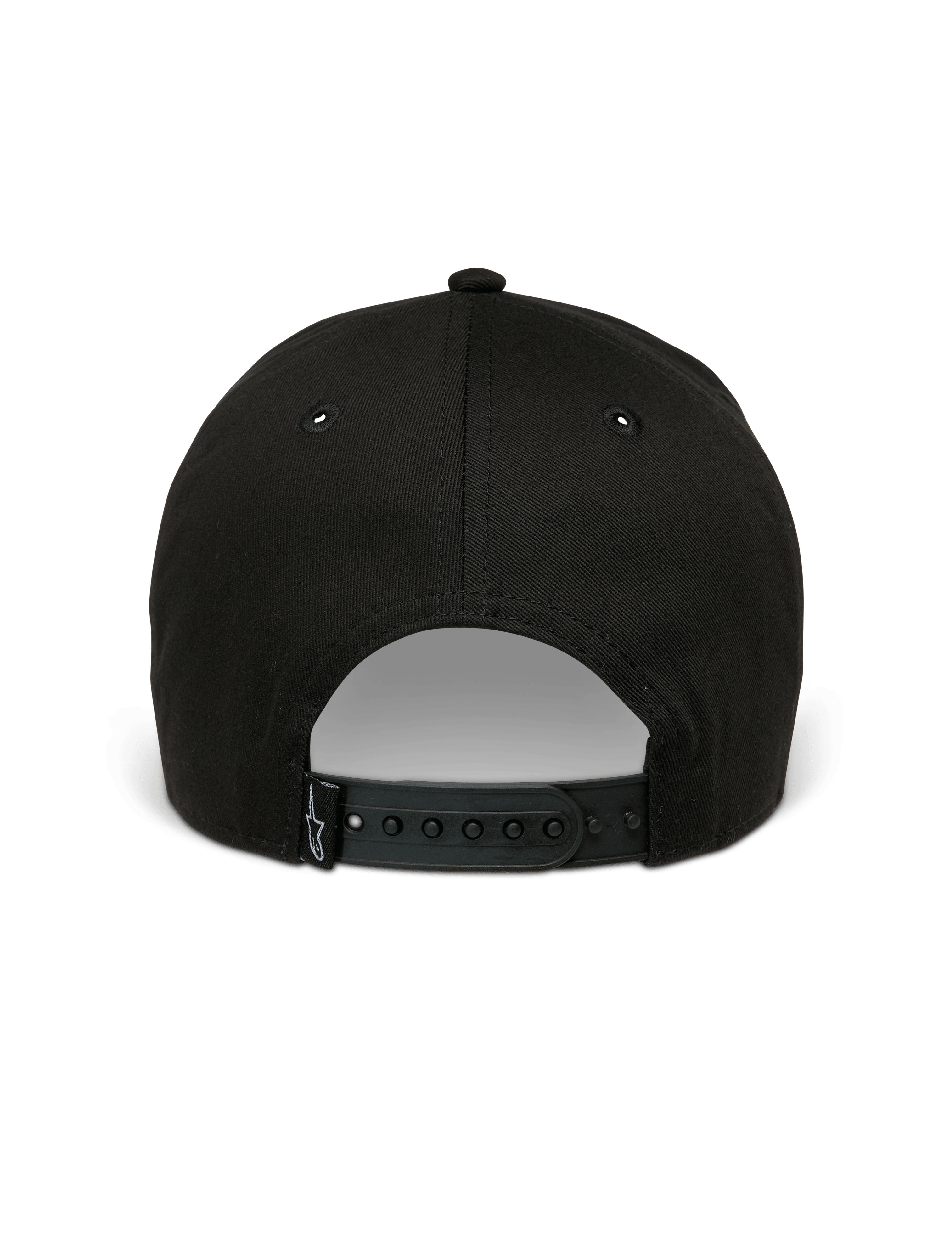 Alpinestars Canyon kasket, sort snapback kasket, set bagfra med justerbar snap-lukning og lille vævet Astars-logolabel, 100% bomuldstwill-materiale, afslappet motorsport-inspireret hovedbeklædning