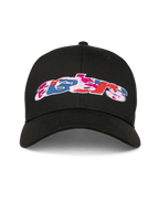 Alpinestars Canyon kasket, sort snapback baseballkasket, kurvet skygge og struktureret krone, Astars-logo på fronten med camo-fyld broderi, afslappet sportstøj