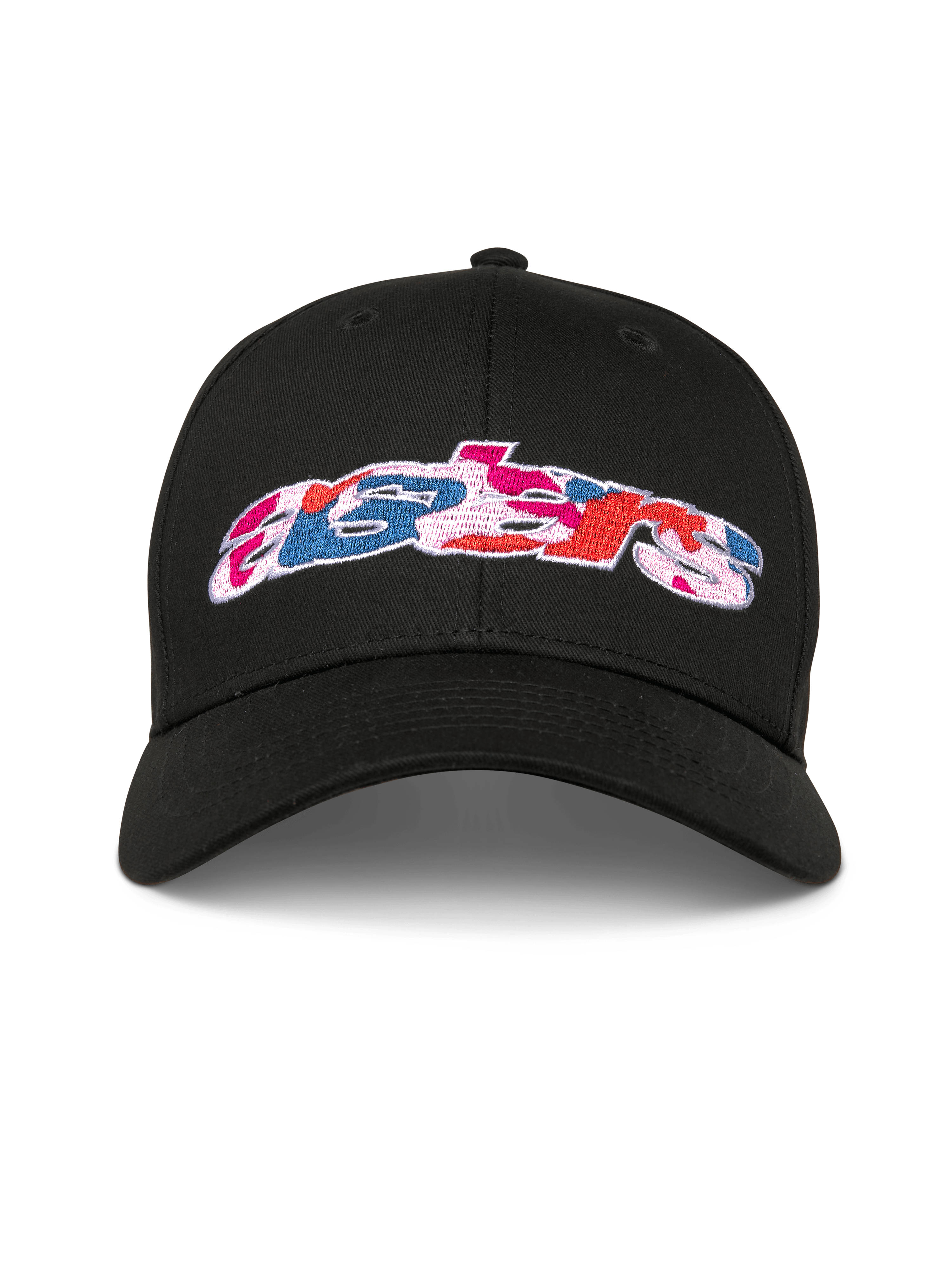 Alpinestars Canyon kasket, sort snapback baseballkasket, kurvet skygge og struktureret krone, Astars-logo på fronten med camo-fyld broderi, afslappet sportstøj